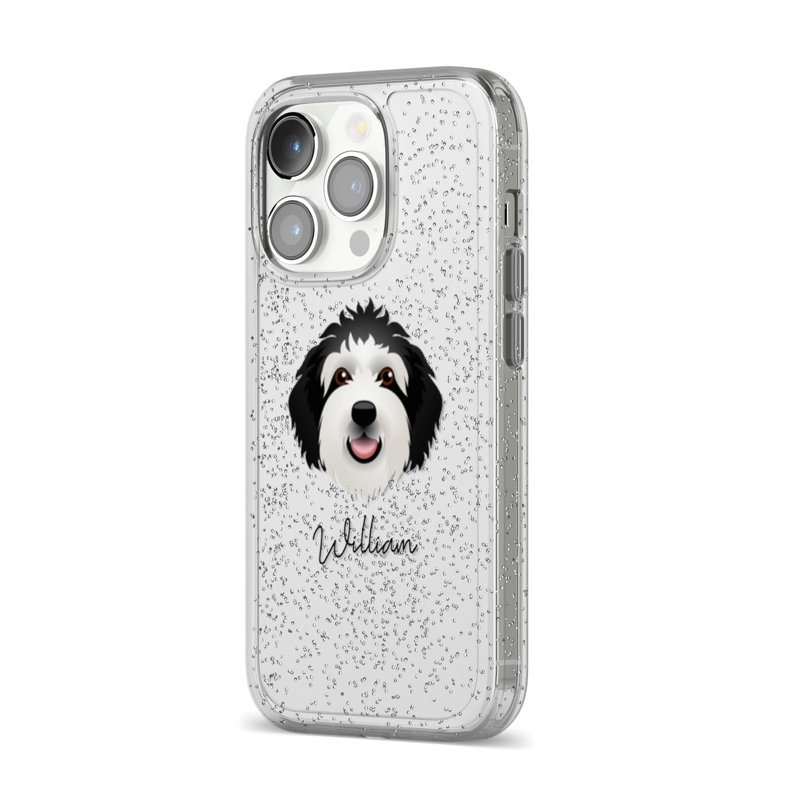Sheepadoodle Personalised iPhone 14 Pro Glitter Tough Case Silver Angled Image