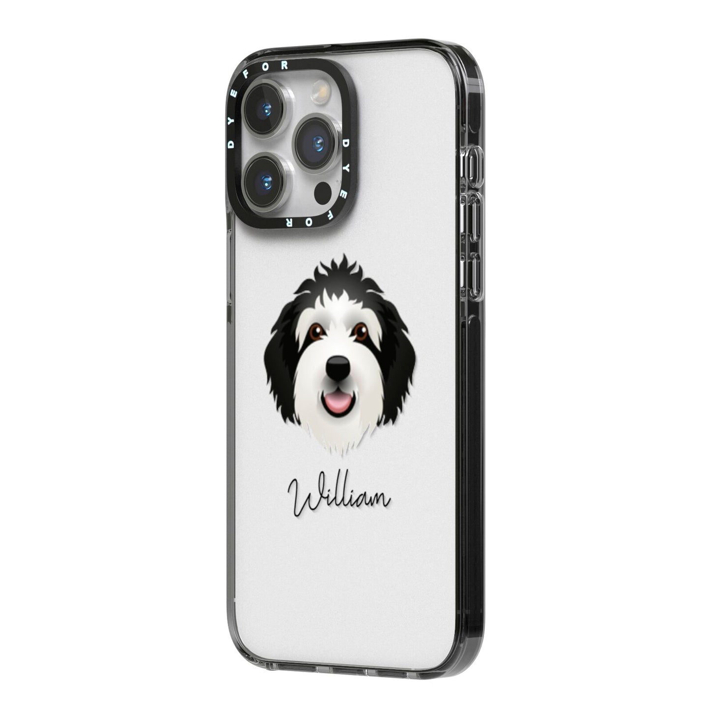 Sheepadoodle Personalised iPhone 14 Pro Max Black Impact Case Side Angle on Silver phone