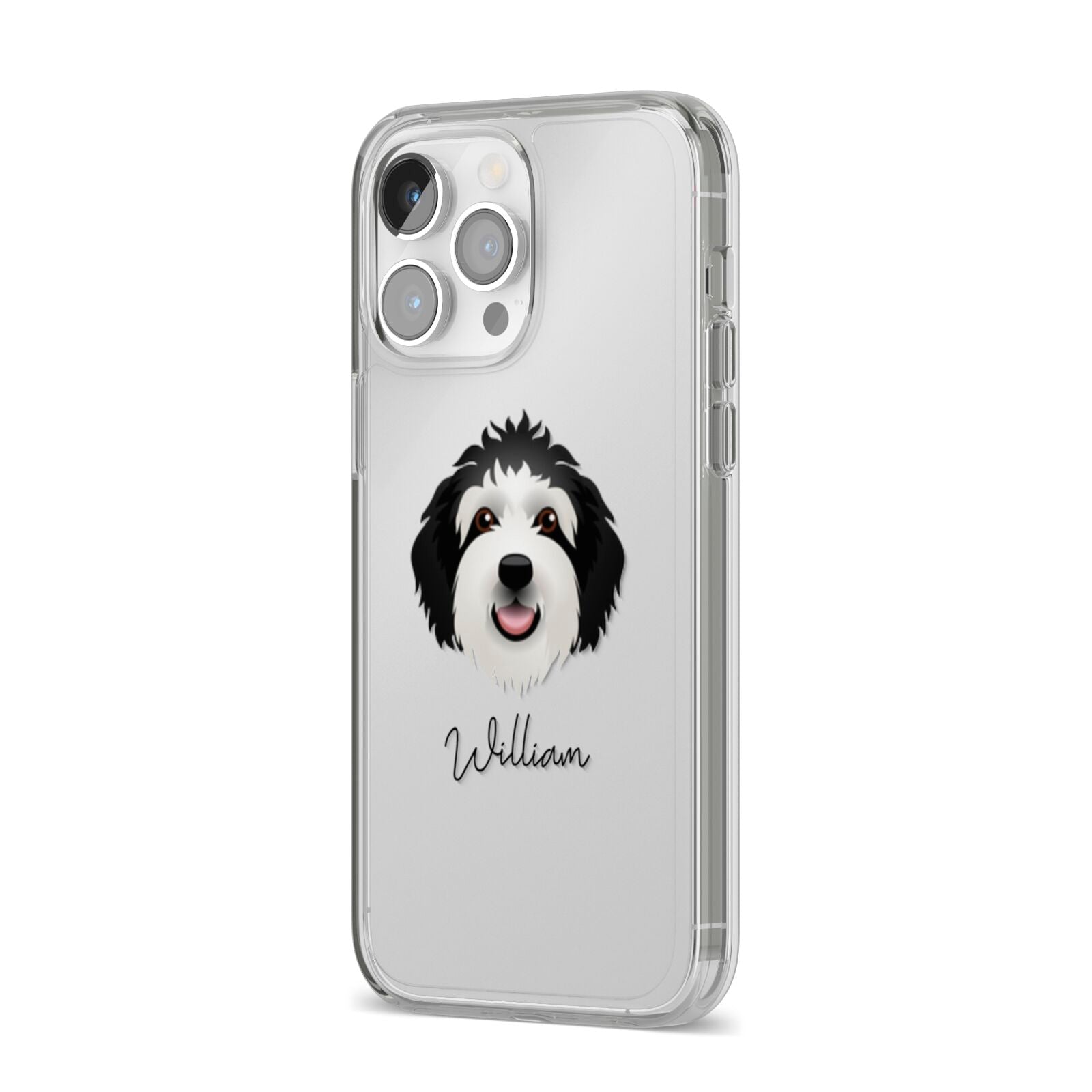 Sheepadoodle Personalised iPhone 14 Pro Max Clear Tough Case Silver Angled Image