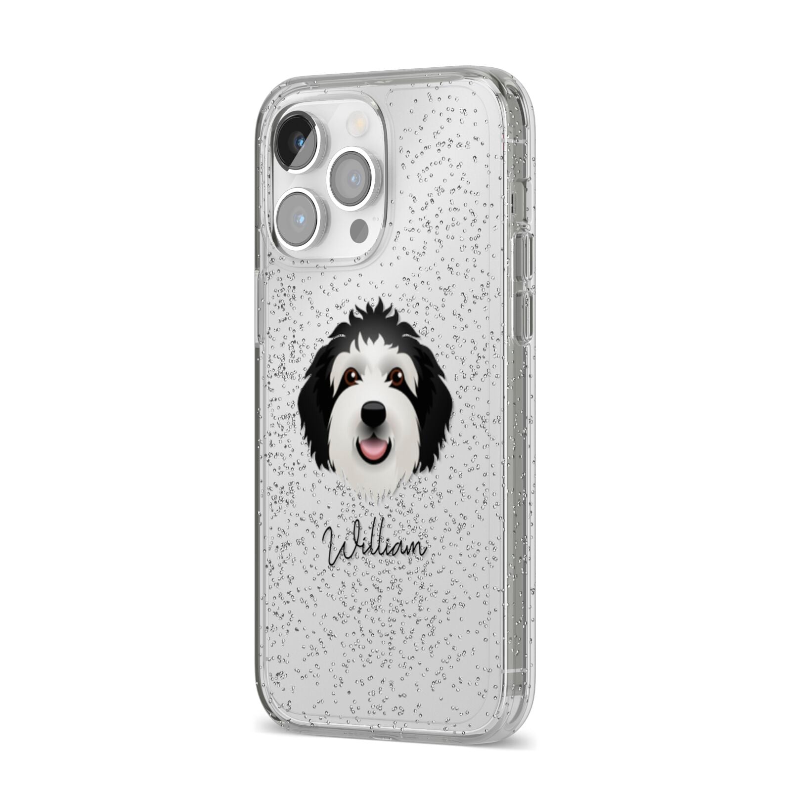 Sheepadoodle Personalised iPhone 14 Pro Max Glitter Tough Case Silver Angled Image