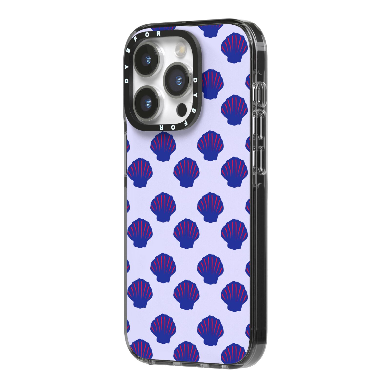 Shell Pattern iPhone 14 Pro Black Impact Case Side Angle on Silver phone