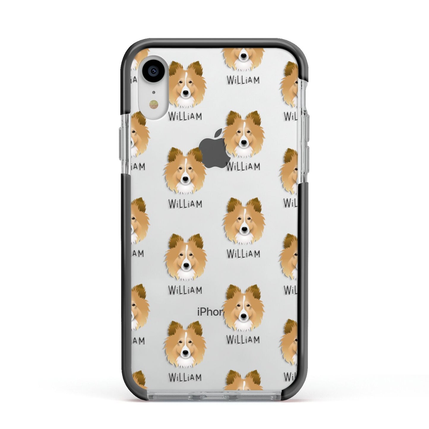 Shetland Sheepdog Icon with Name Apple iPhone XR Impact Case Black Edge on Silver Phone