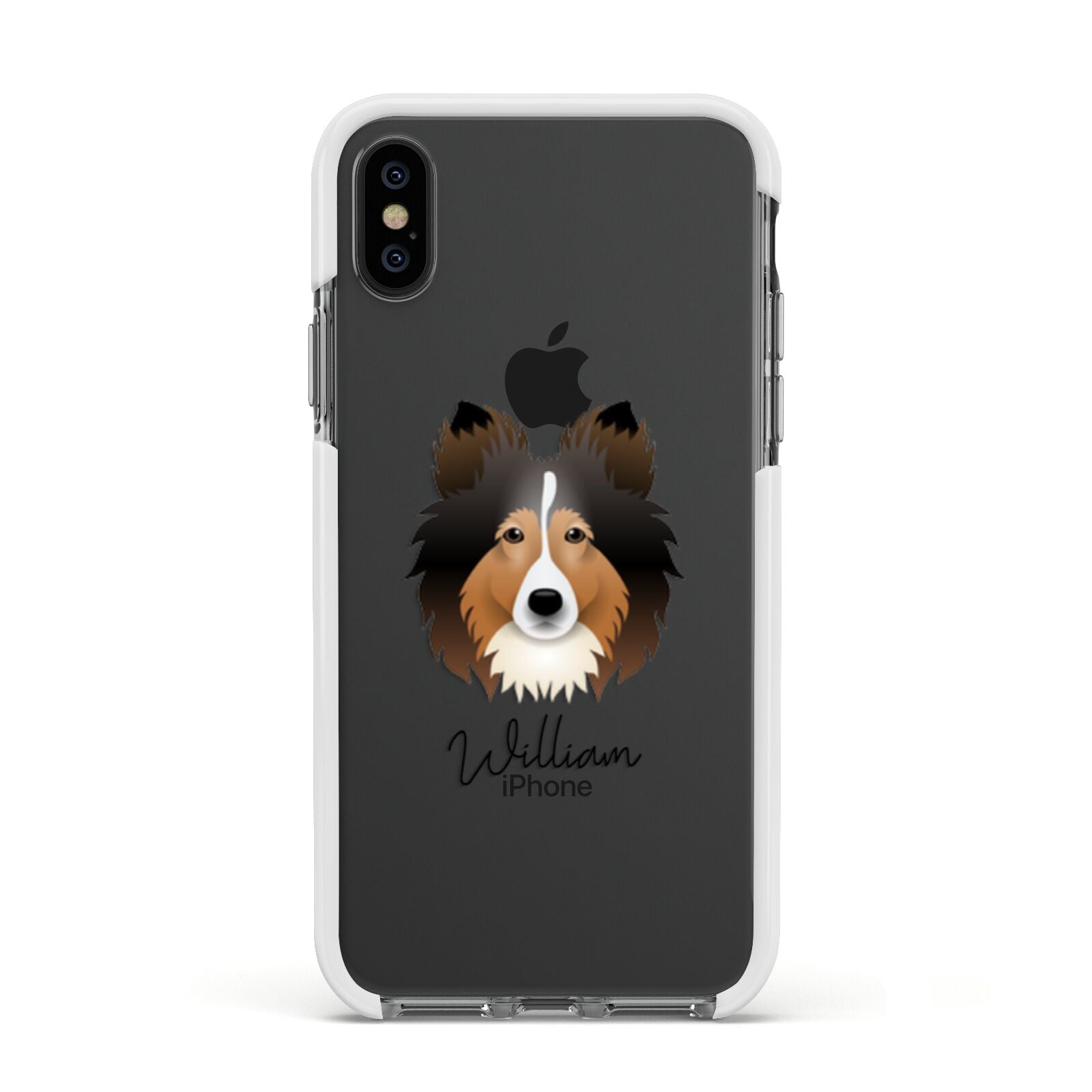 Shetland Sheepdog Personalised Apple iPhone Xs Impact Case White Edge on Black Phone