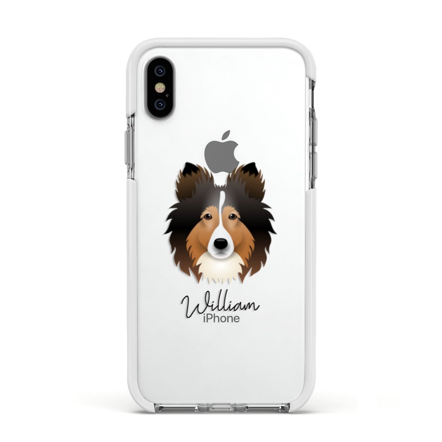 Shetland Sheepdog Personalised Apple iPhone Xs Impact Case White Edge on Silver Phone
