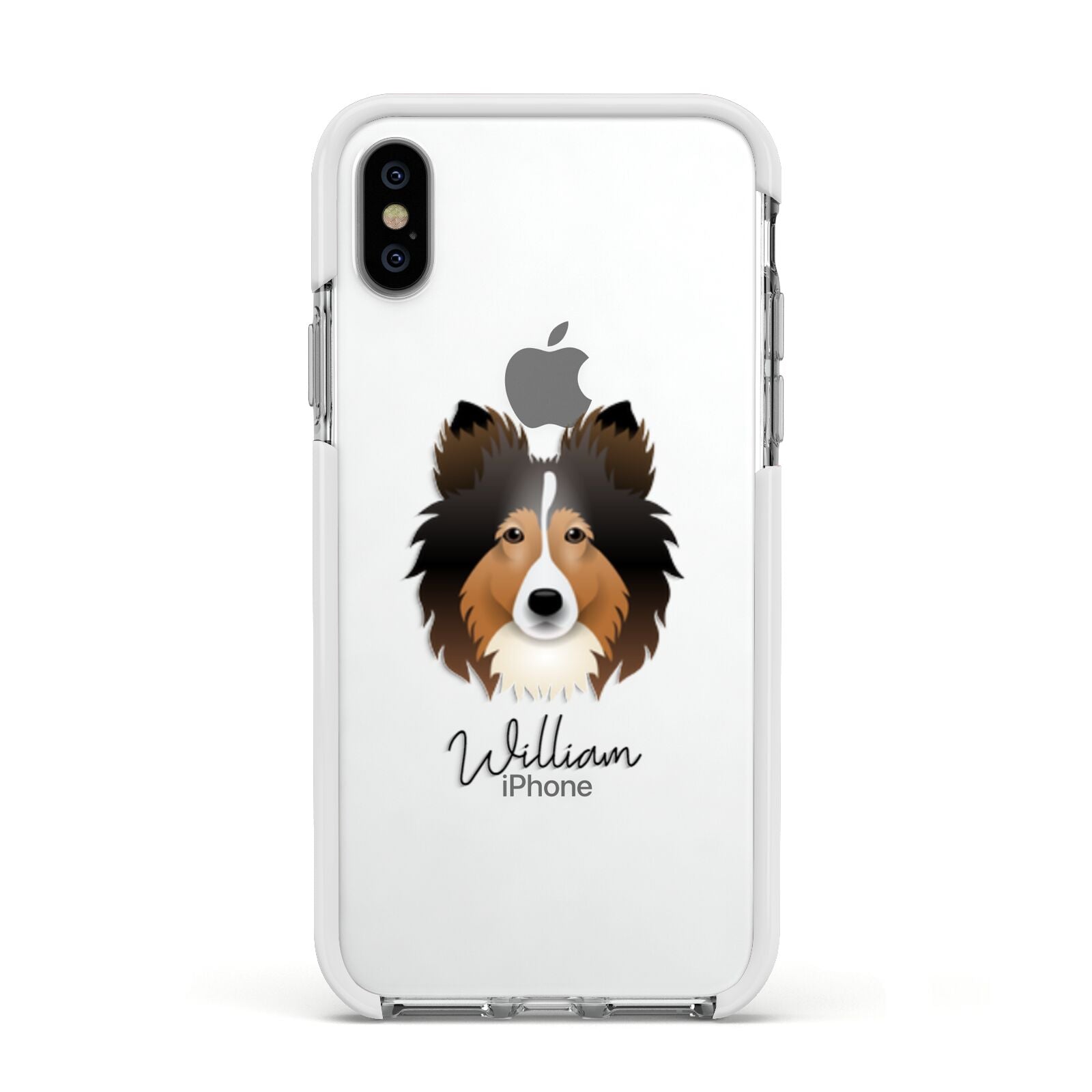 Shetland Sheepdog Personalised Apple iPhone Xs Impact Case White Edge on Silver Phone