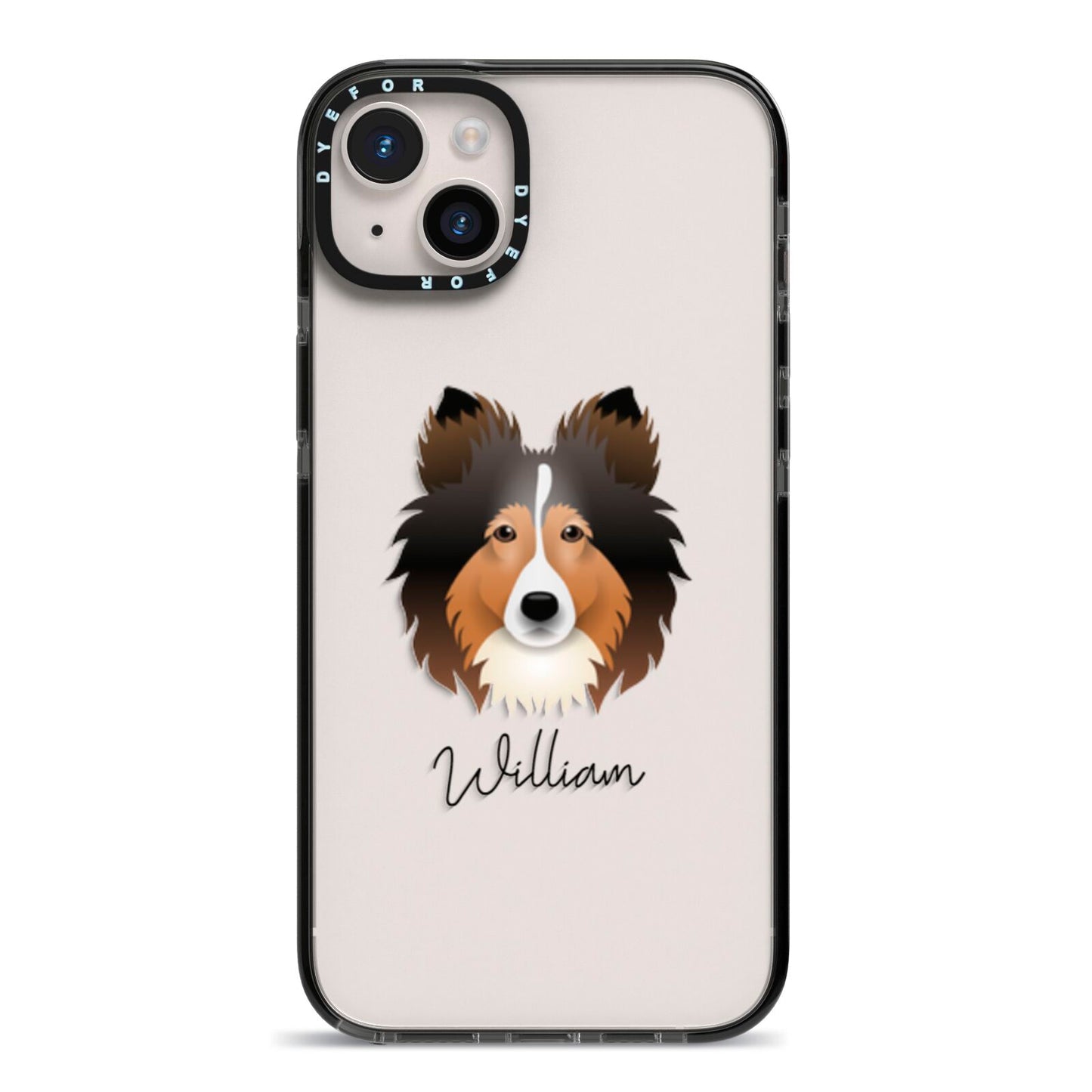 Shetland Sheepdog Personalised iPhone 14 Plus Black Impact Case on Silver phone