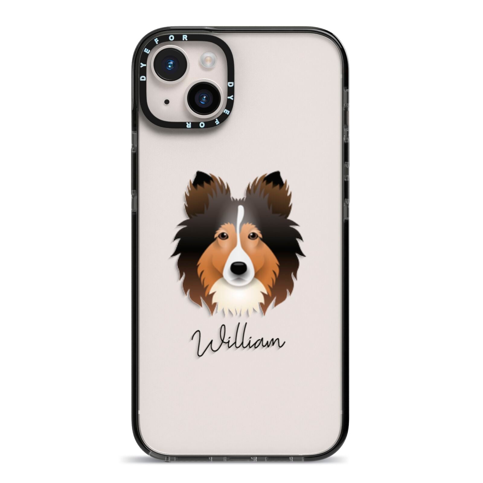 Shetland Sheepdog Personalised iPhone 14 Plus Black Impact Case on Silver phone