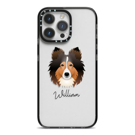 Shetland Sheepdog Personalised iPhone 14 Pro Max Black Impact Case on Silver phone