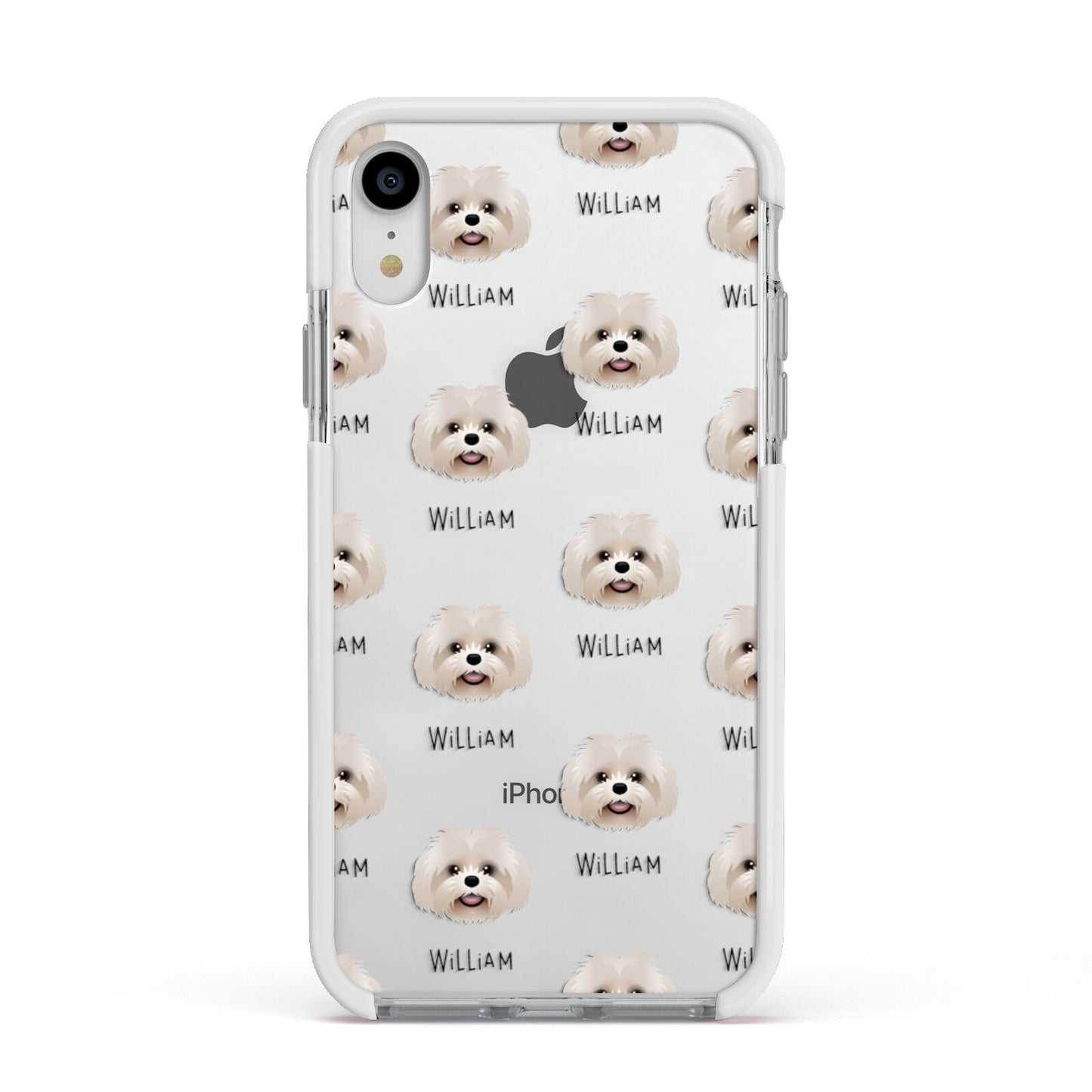 Shih Poo Icon with Name Apple iPhone XR Impact Case White Edge on Silver Phone