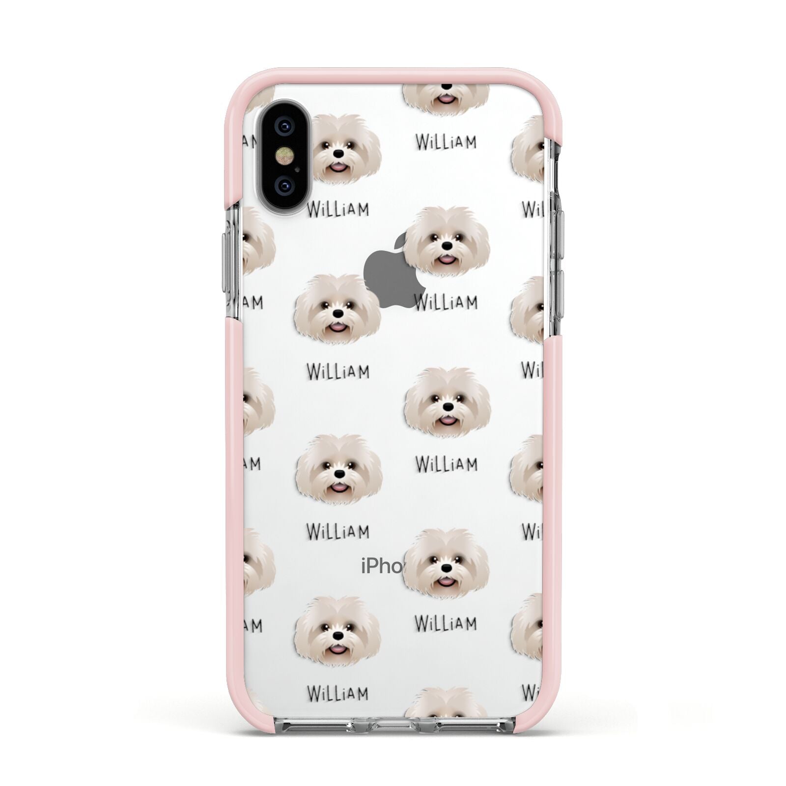 Shih Poo Icon with Name Apple iPhone Xs Impact Case Pink Edge on Silver Phone