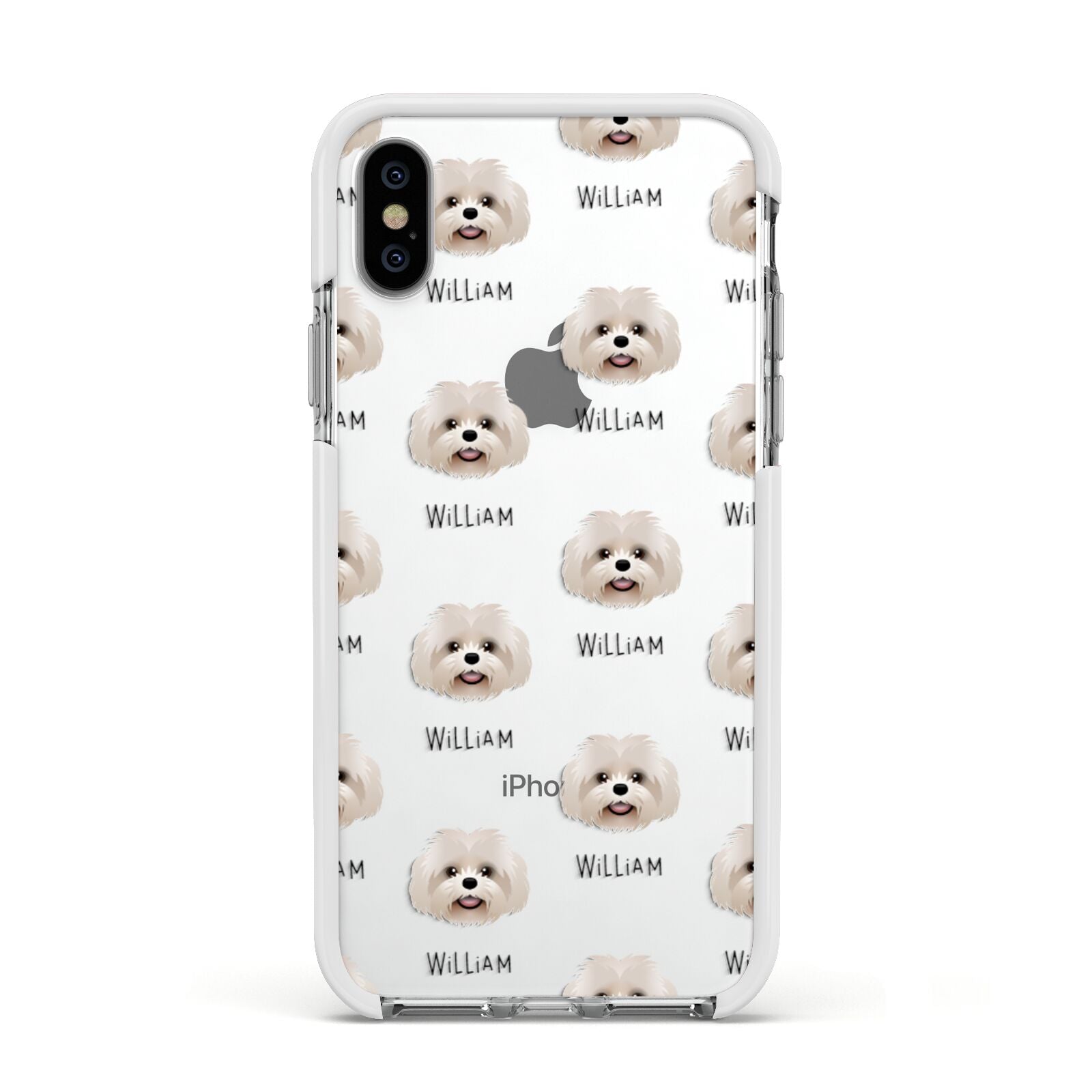 Shih Poo Icon with Name Apple iPhone Xs Impact Case White Edge on Silver Phone