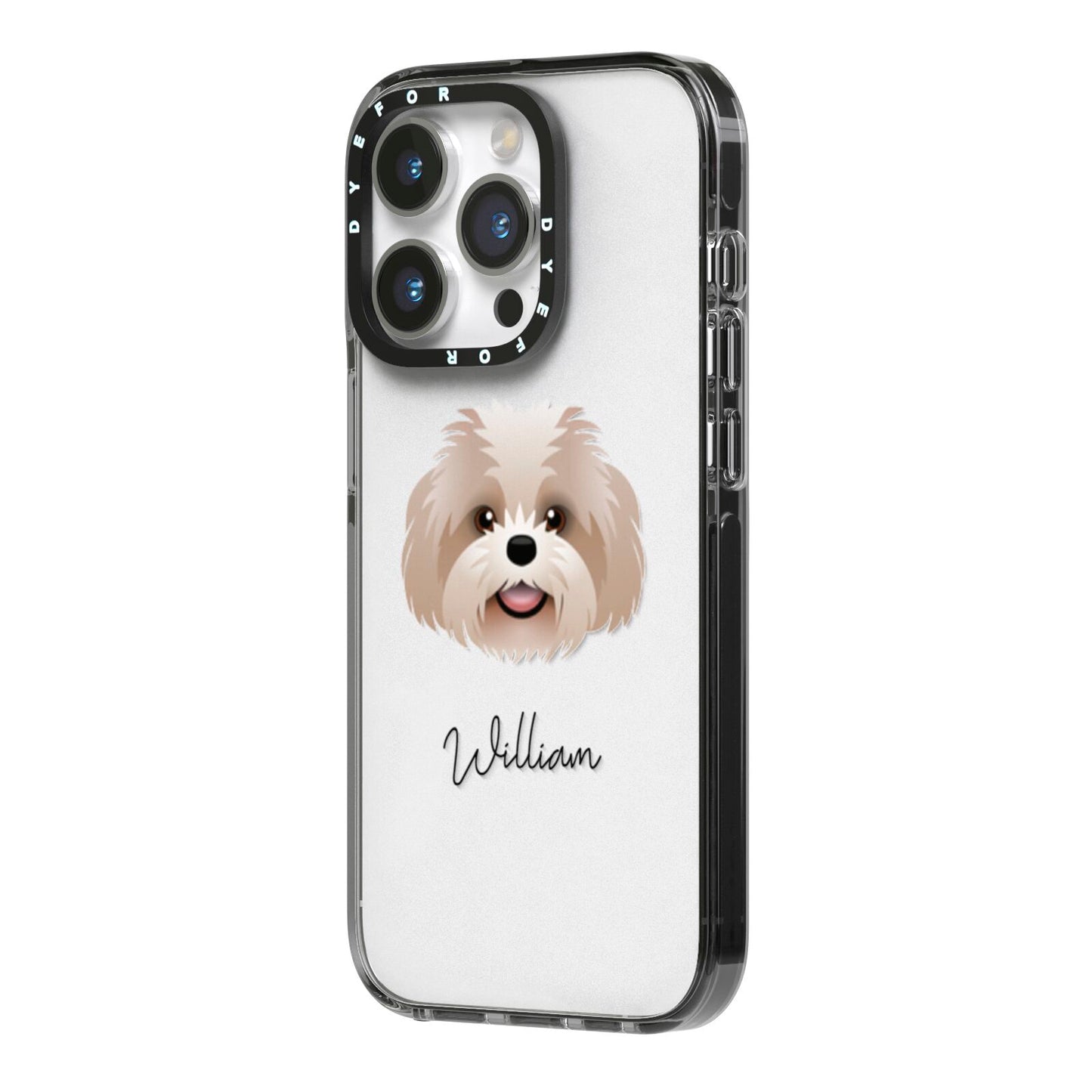 Shih Poo Personalised iPhone 14 Pro Black Impact Case Side Angle on Silver phone