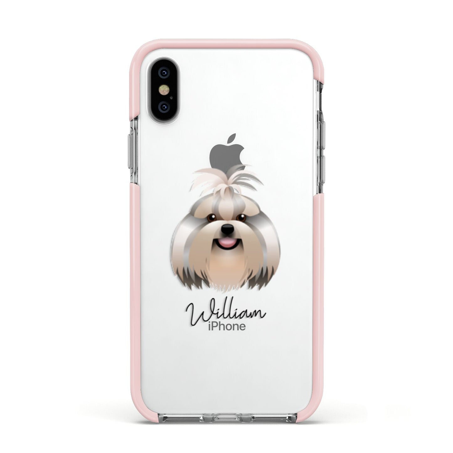 Shih Tzu Personalised Apple iPhone Xs Impact Case Pink Edge on Silver Phone