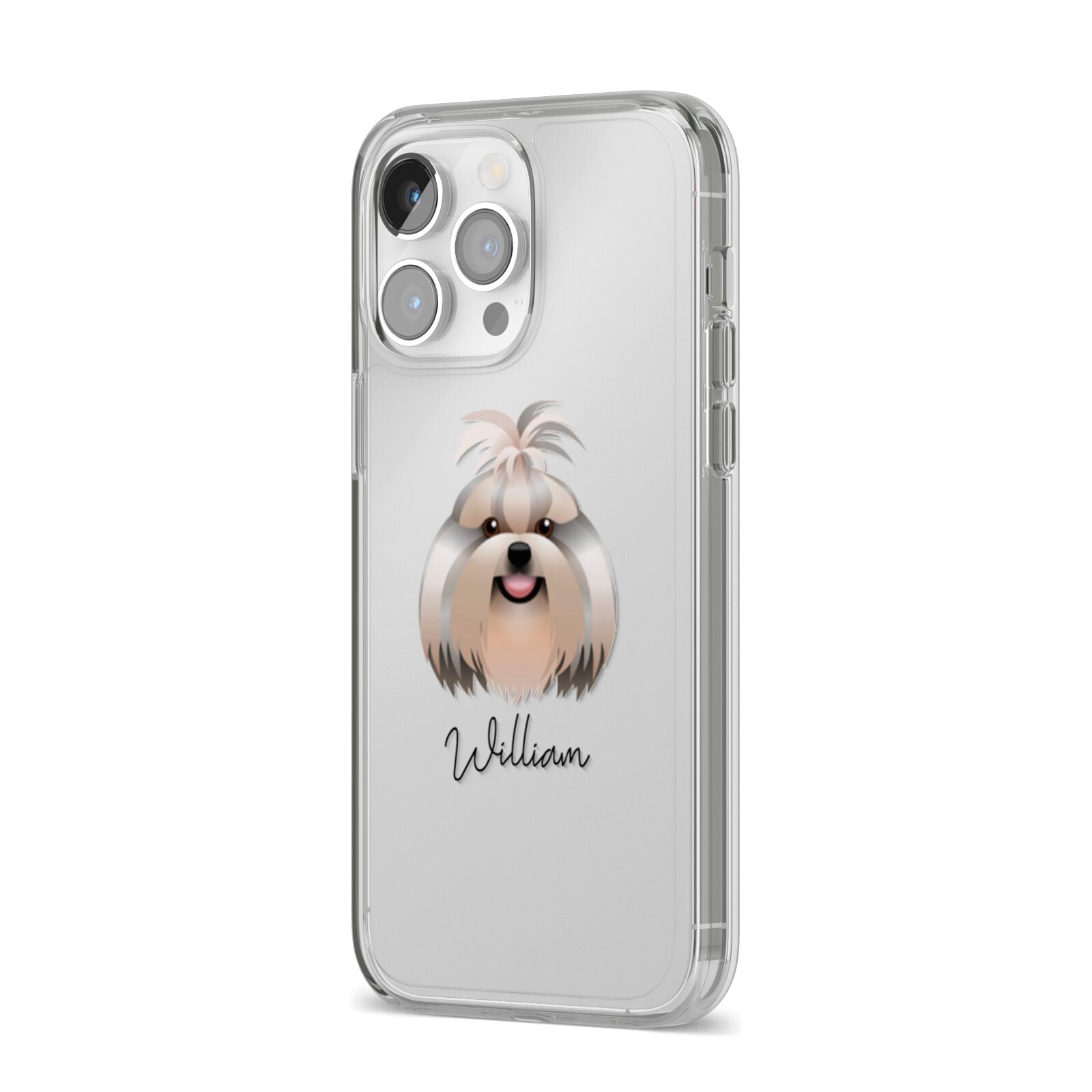 Shih Tzu Personalised iPhone 14 Pro Max Clear Tough Case Silver Angled Image
