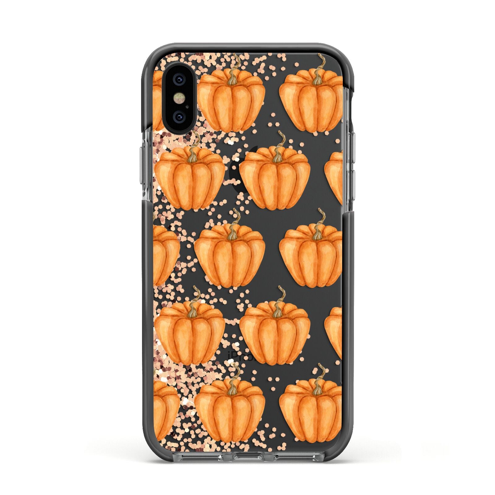 Shimmery Pumpkins Apple iPhone Xs Impact Case Black Edge on Black Phone