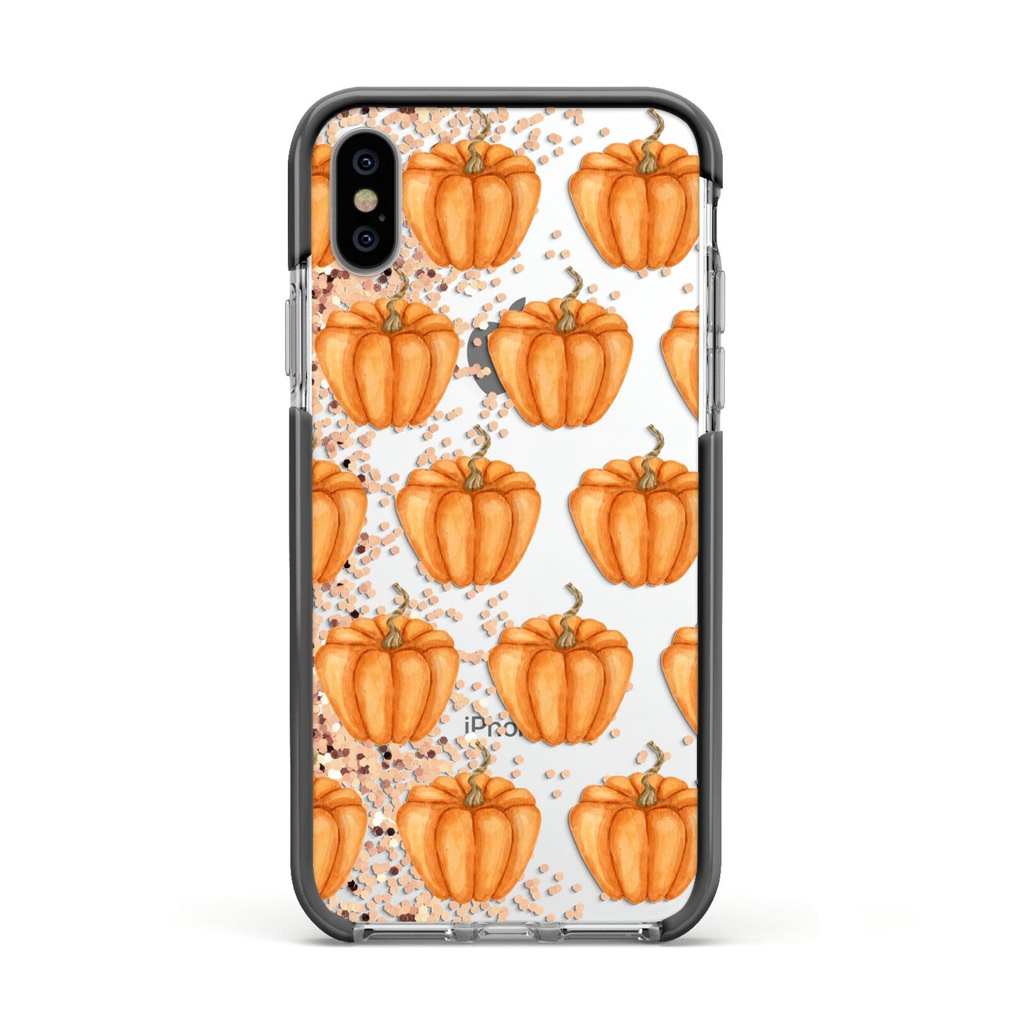 Shimmery Pumpkins Apple iPhone Xs Impact Case Black Edge on Silver Phone