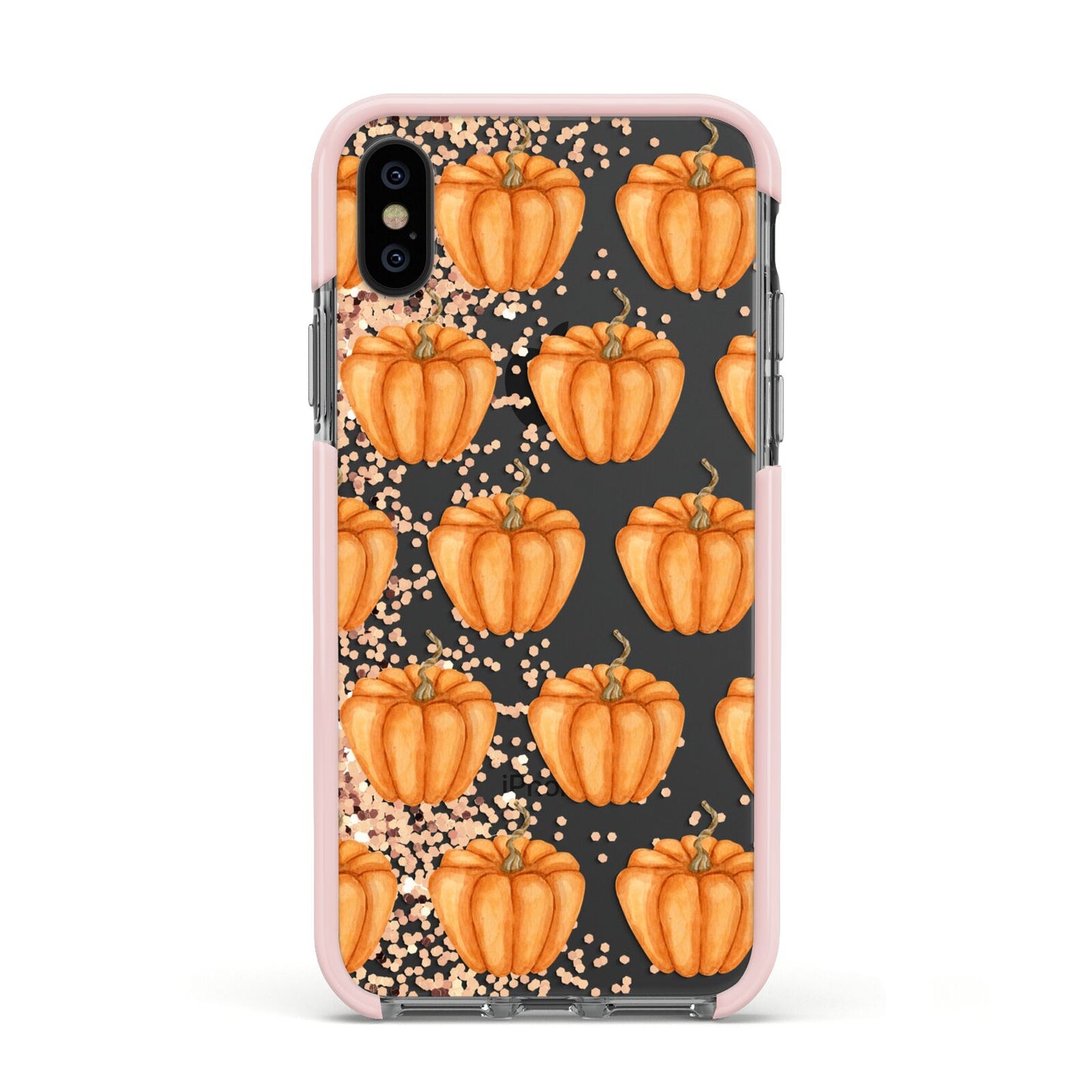 Shimmery Pumpkins Apple iPhone Xs Impact Case Pink Edge on Black Phone