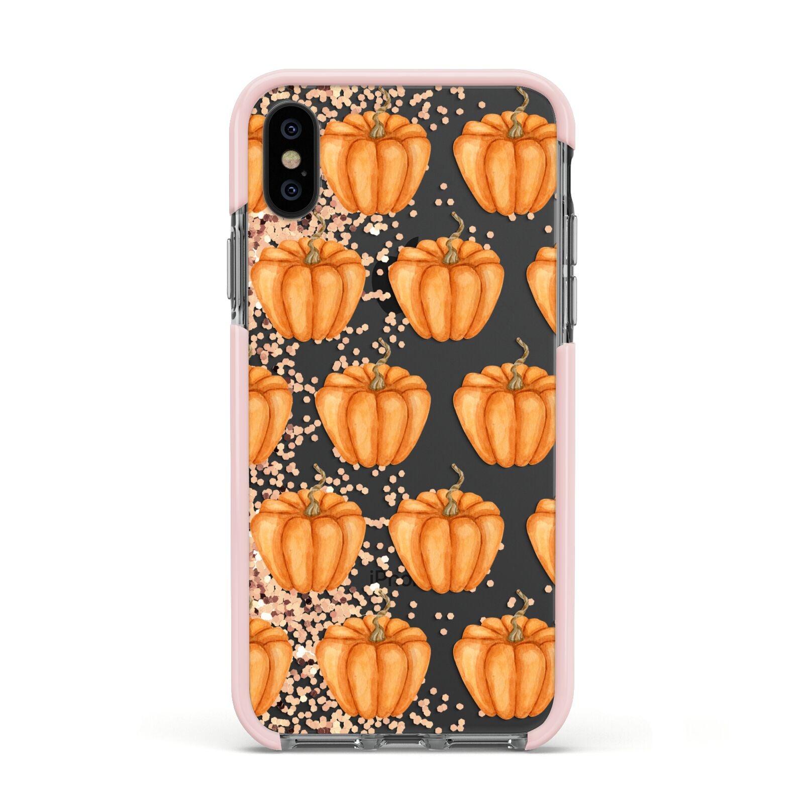 Shimmery Pumpkins Apple iPhone Xs Impact Case Pink Edge on Black Phone