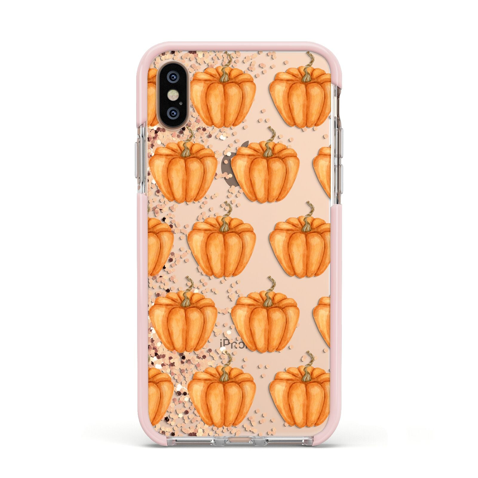 Shimmery Pumpkins Apple iPhone Xs Impact Case Pink Edge on Gold Phone