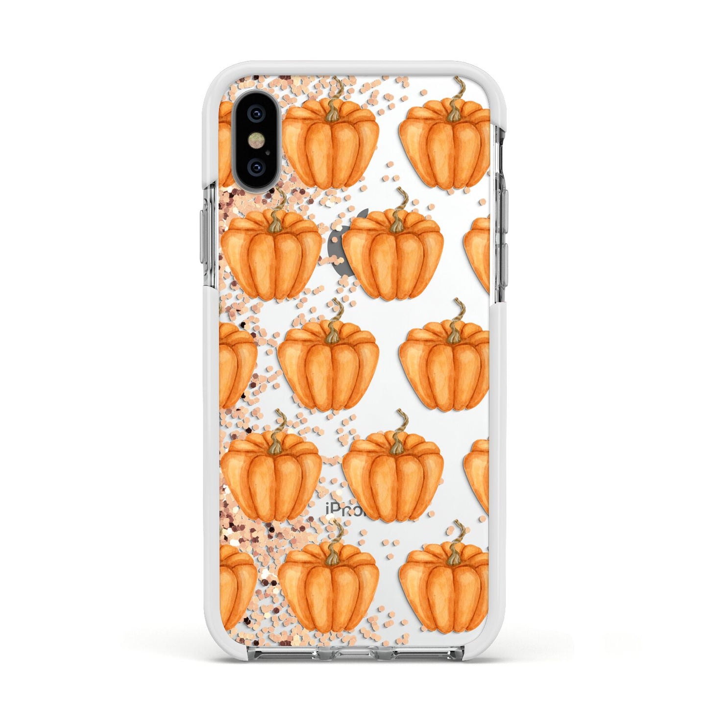 Shimmery Pumpkins Apple iPhone Xs Impact Case White Edge on Silver Phone