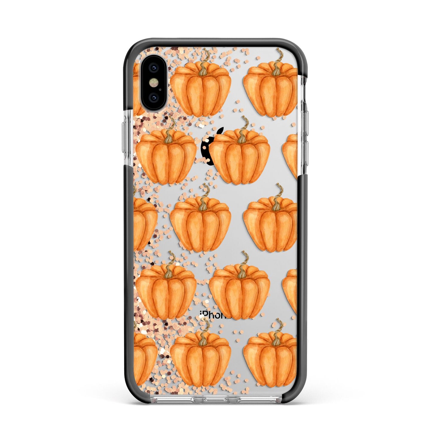 Shimmery Pumpkins Apple iPhone Xs Max Impact Case Black Edge on Silver Phone