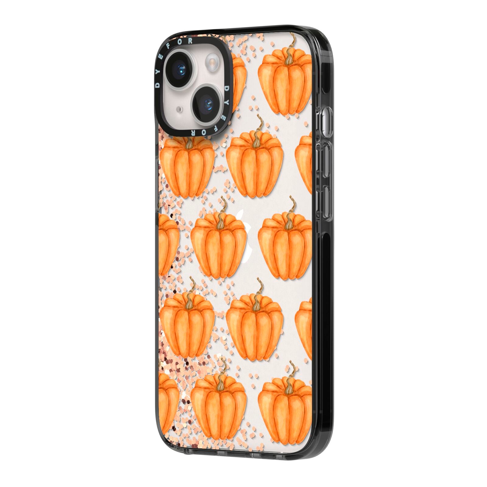Shimmery Pumpkins iPhone 14 Black Impact Case Side Angle on Silver phone