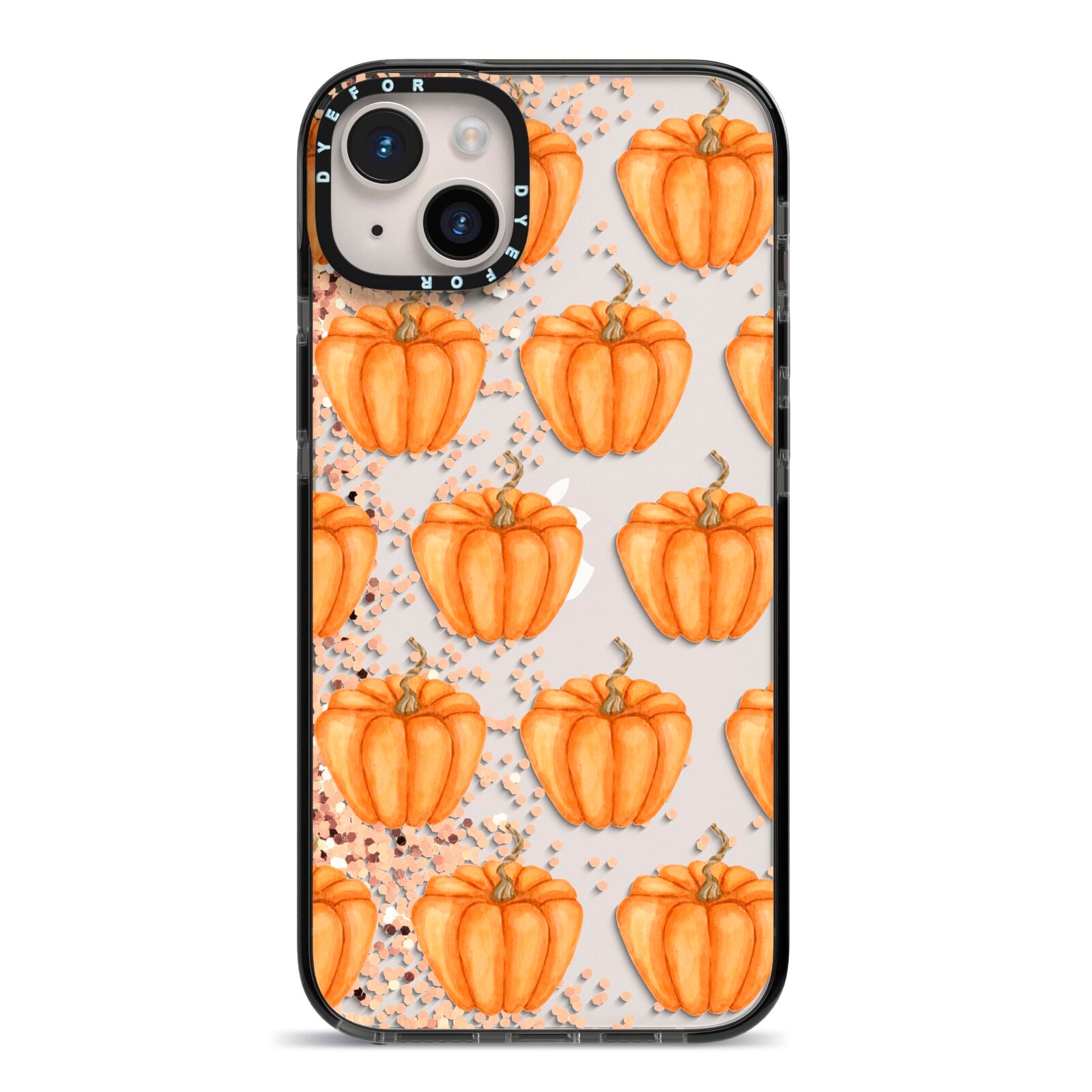 Shimmery Pumpkins iPhone 14 Plus Black Impact Case on Silver phone