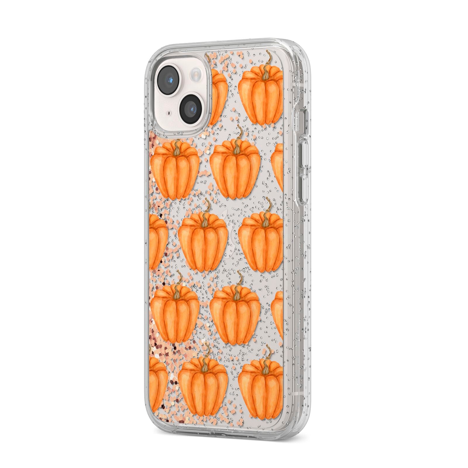 Shimmery Pumpkins iPhone 14 Plus Glitter Tough Case Starlight Angled Image