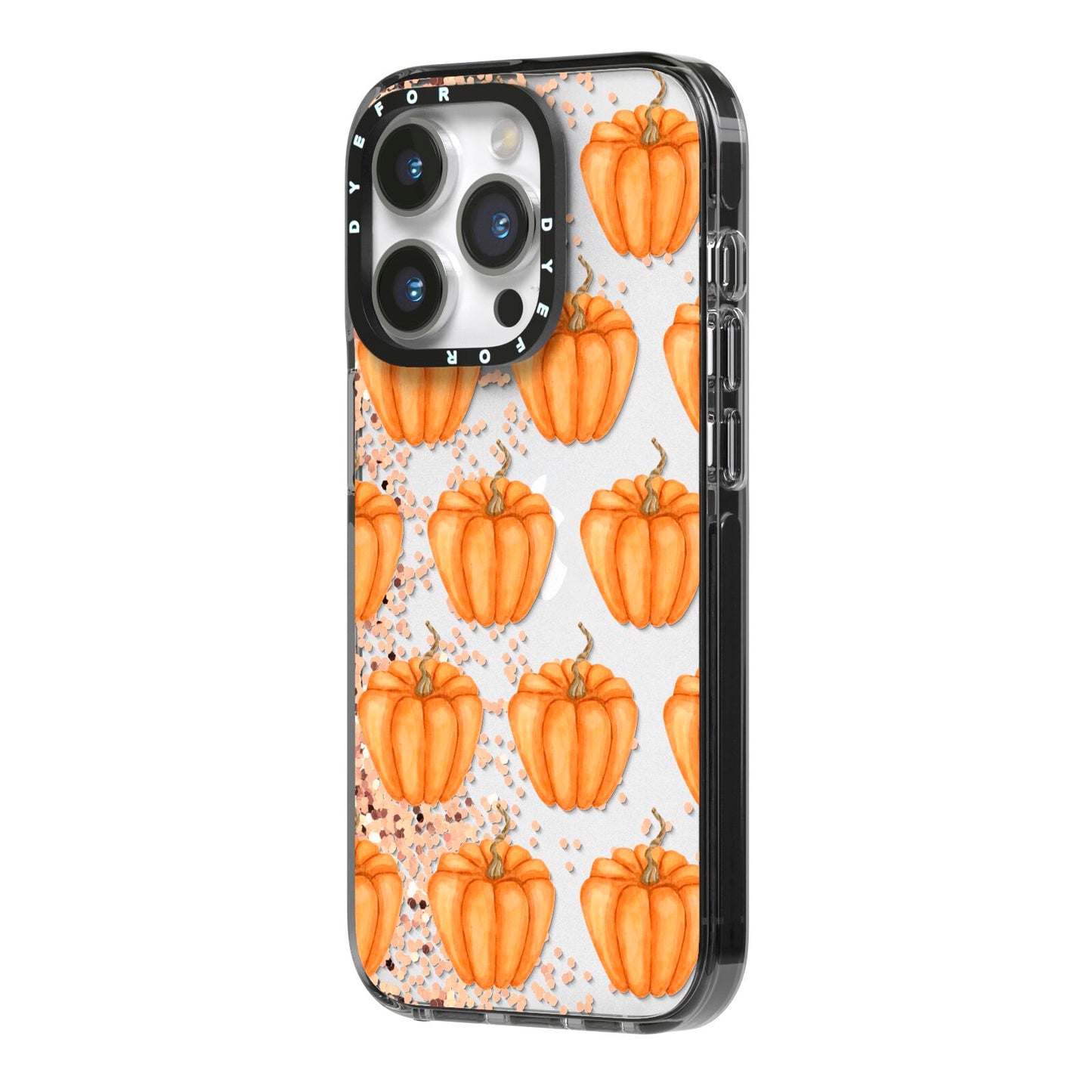 Shimmery Pumpkins iPhone 14 Pro Black Impact Case Side Angle on Silver phone