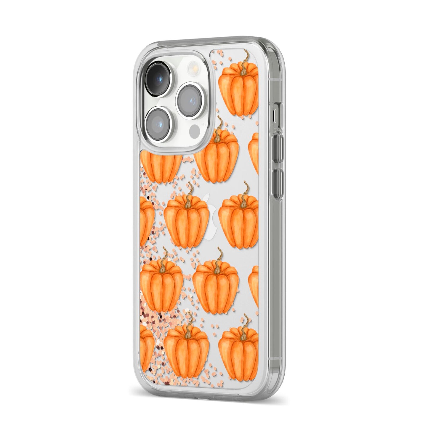 Shimmery Pumpkins iPhone 14 Pro Clear Tough Case Silver Angled Image