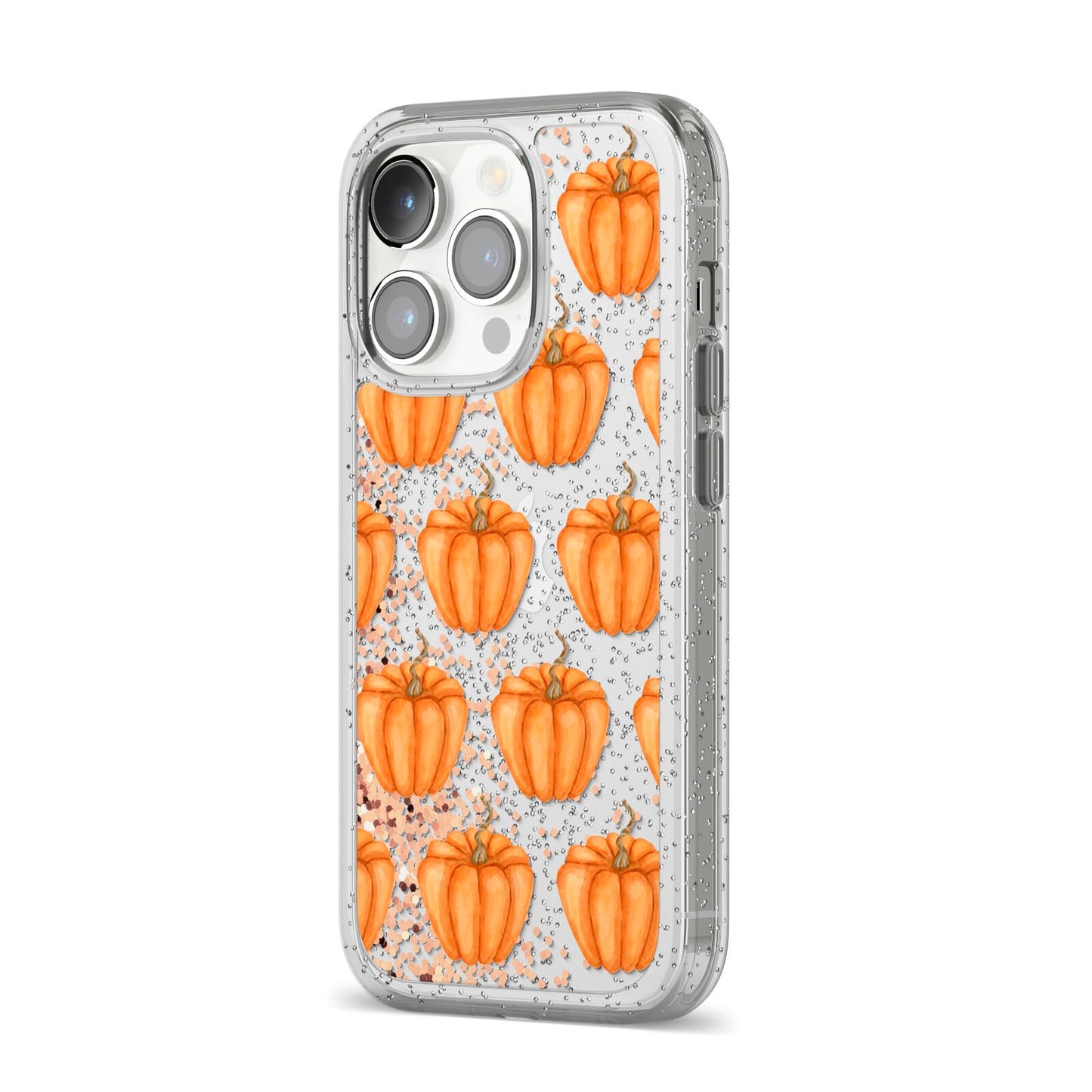 Shimmery Pumpkins iPhone 14 Pro Glitter Tough Case Silver Angled Image