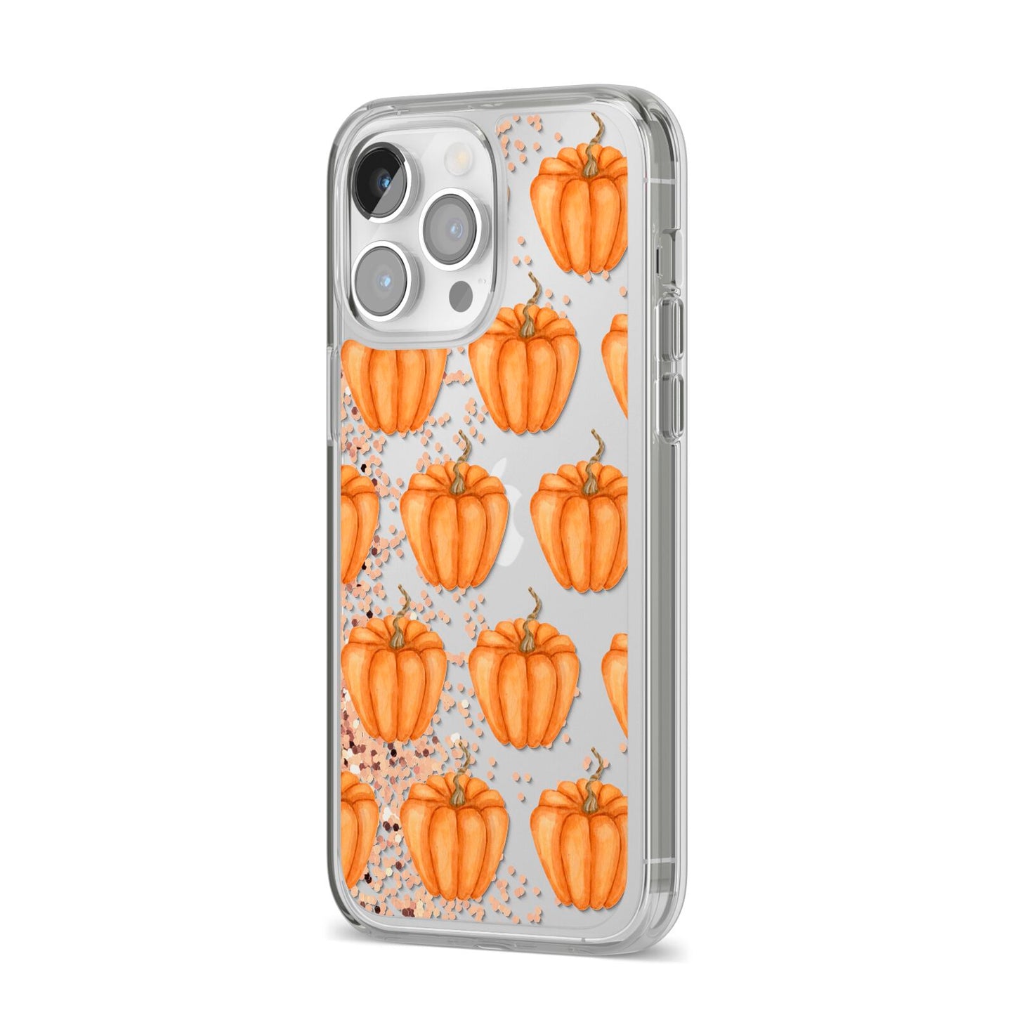 Shimmery Pumpkins iPhone 14 Pro Max Clear Tough Case Silver Angled Image