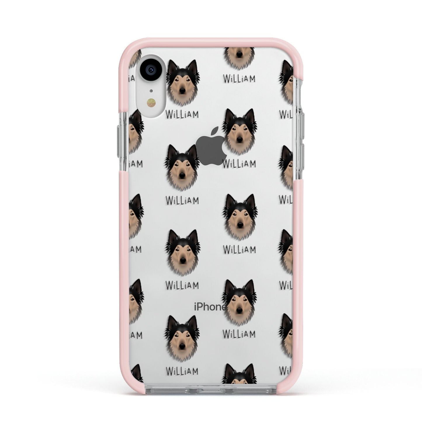 Shollie Icon with Name Apple iPhone XR Impact Case Pink Edge on Silver Phone