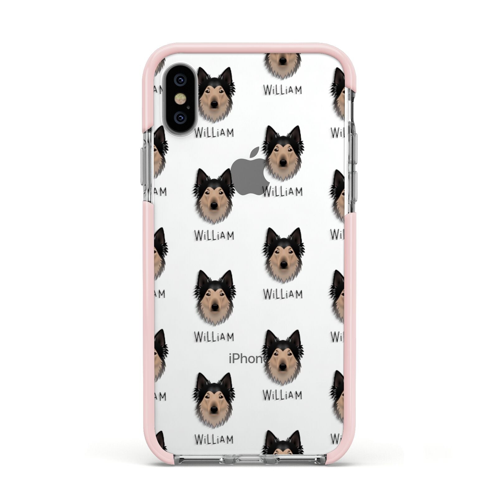 Shollie Icon with Name Apple iPhone Xs Impact Case Pink Edge on Silver Phone