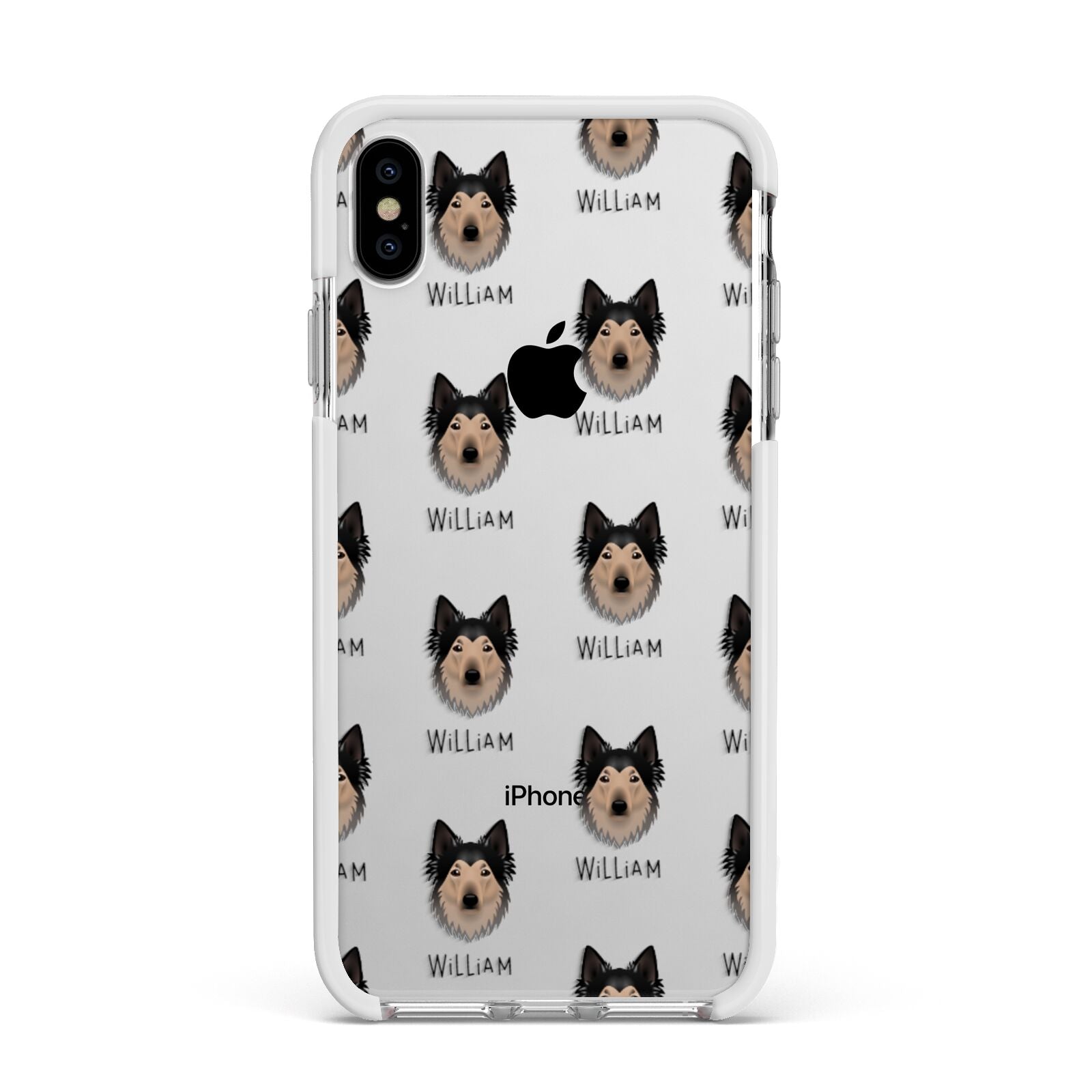 Shollie Icon with Name Apple iPhone Xs Max Impact Case White Edge on Silver Phone