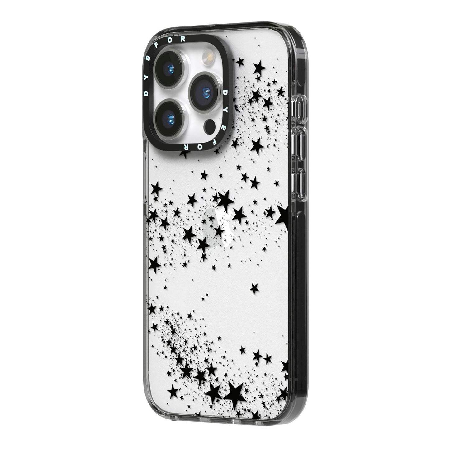 Shooting Stars iPhone 14 Pro Black Impact Case Side Angle on Silver phone
