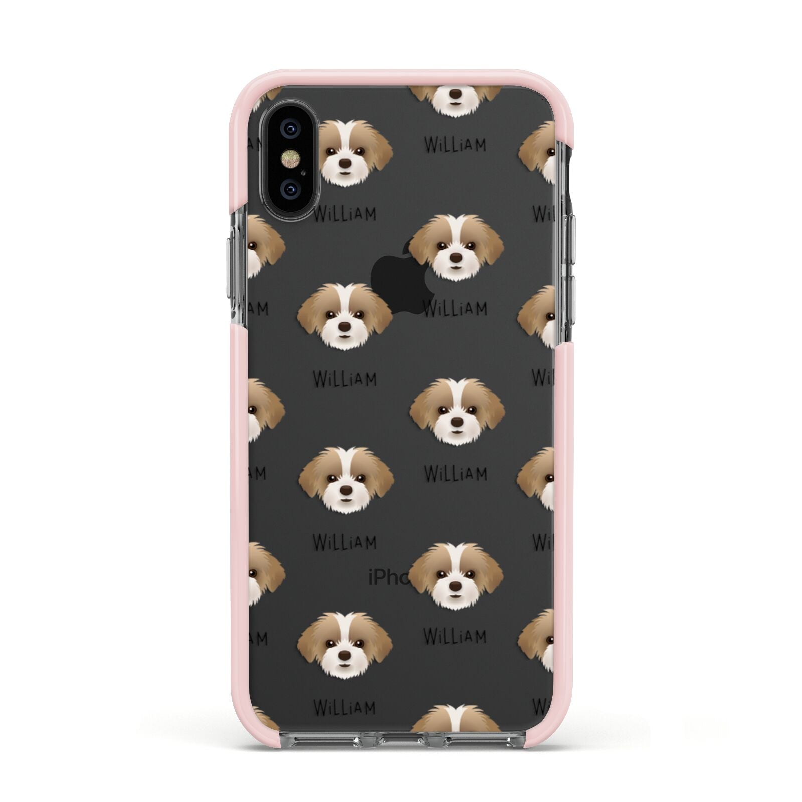 Shorkie Icon with Name Apple iPhone Xs Impact Case Pink Edge on Black Phone