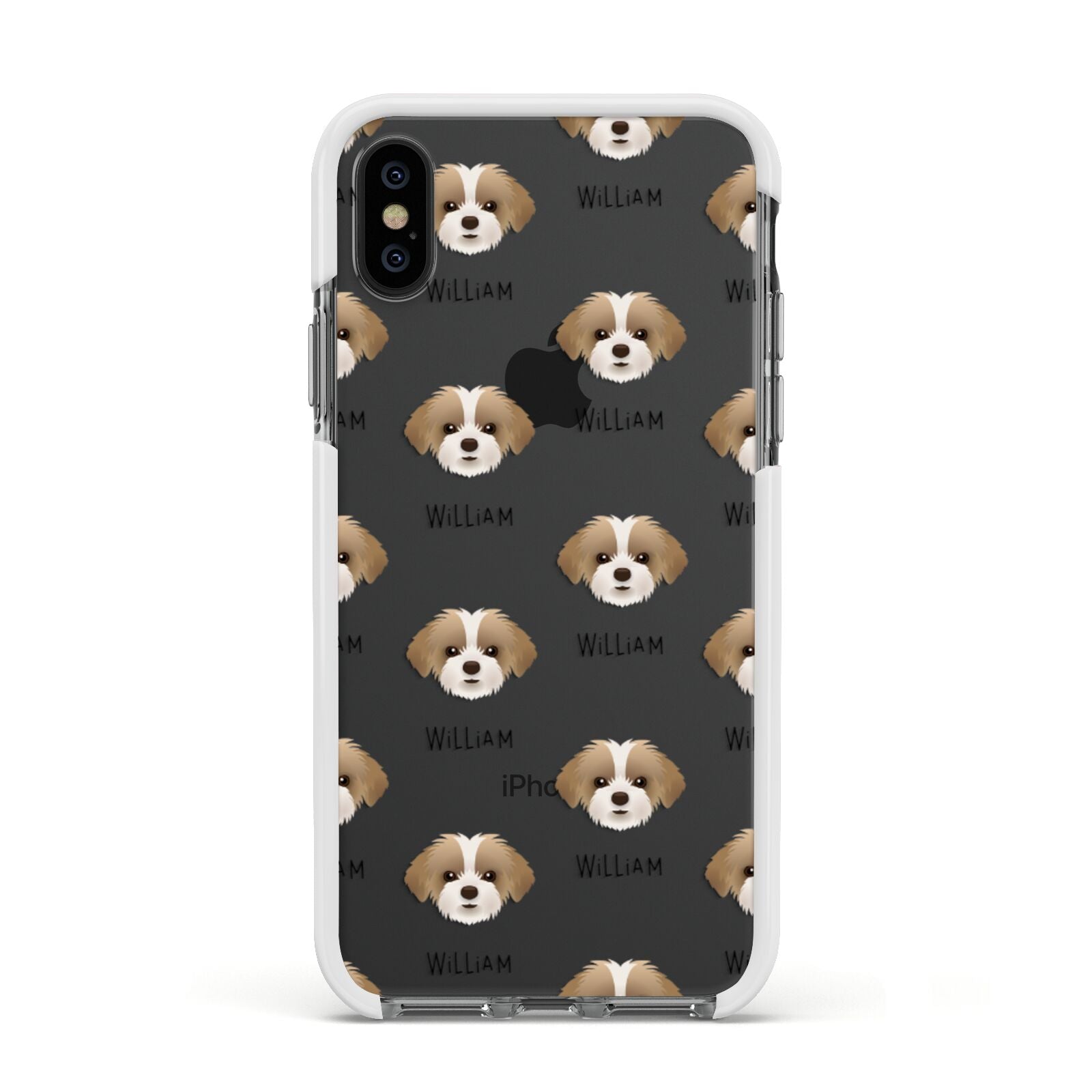Shorkie Icon with Name Apple iPhone Xs Impact Case White Edge on Black Phone