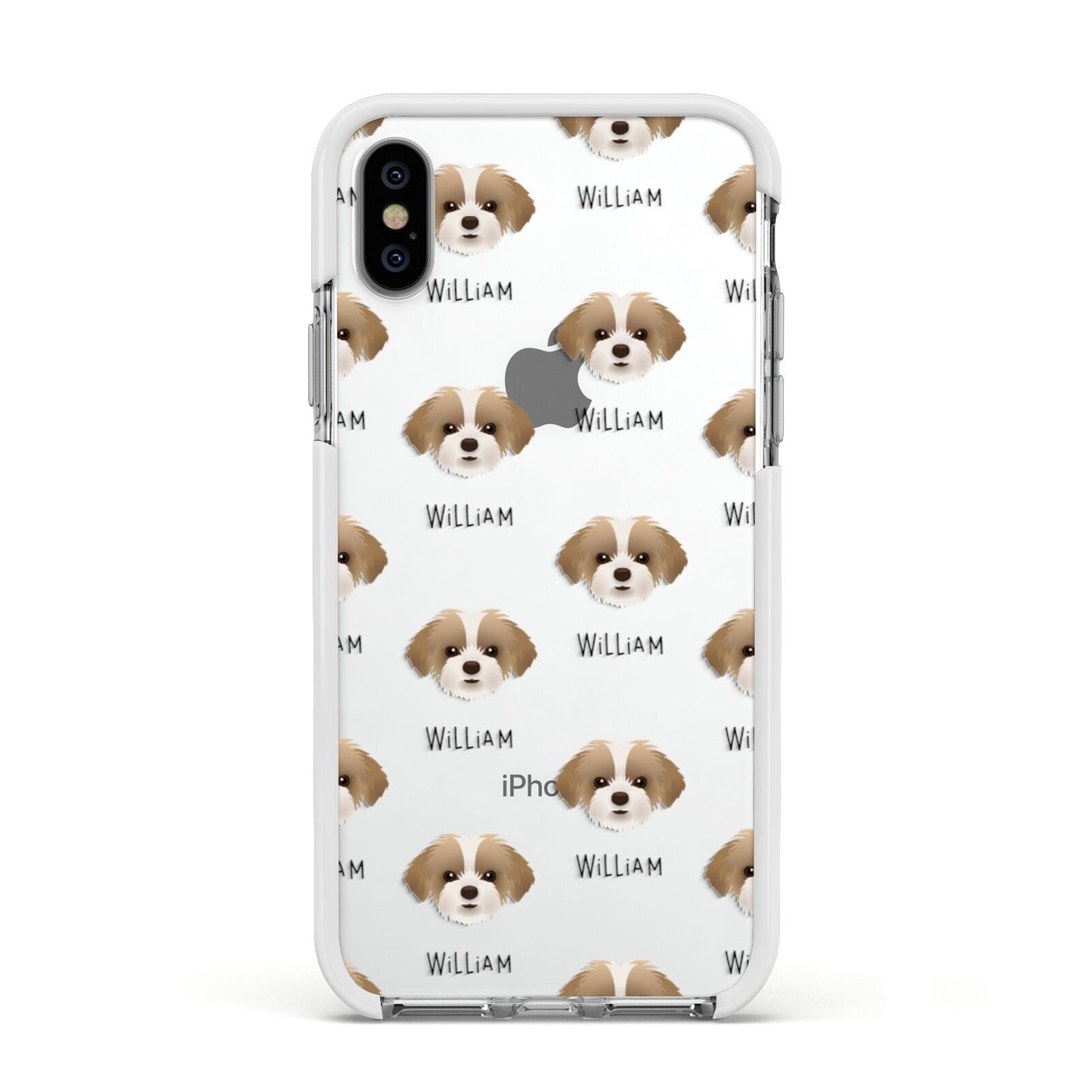 Shorkie Icon with Name Apple iPhone Xs Impact Case White Edge on Silver Phone