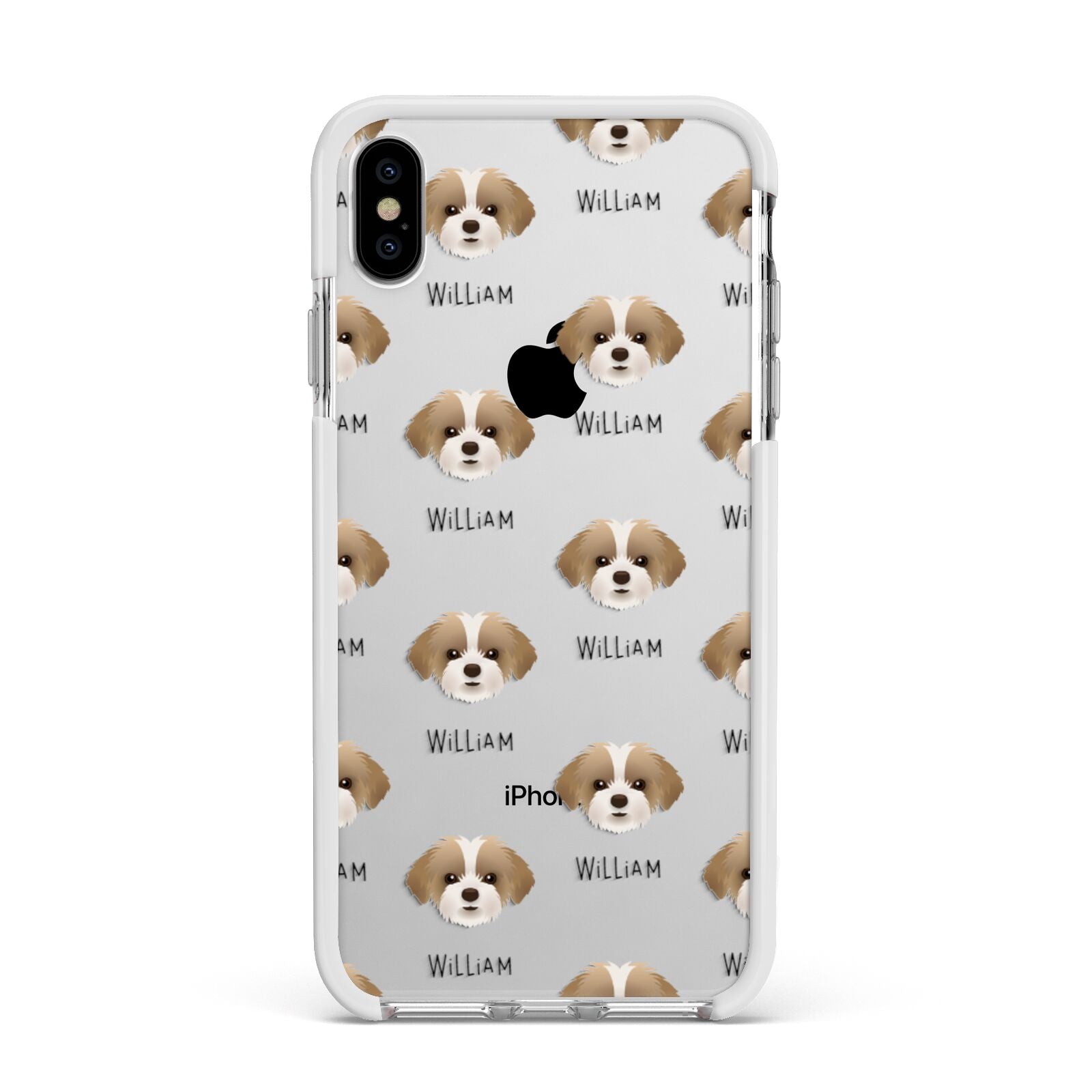 Shorkie Icon with Name Apple iPhone Xs Max Impact Case White Edge on Silver Phone