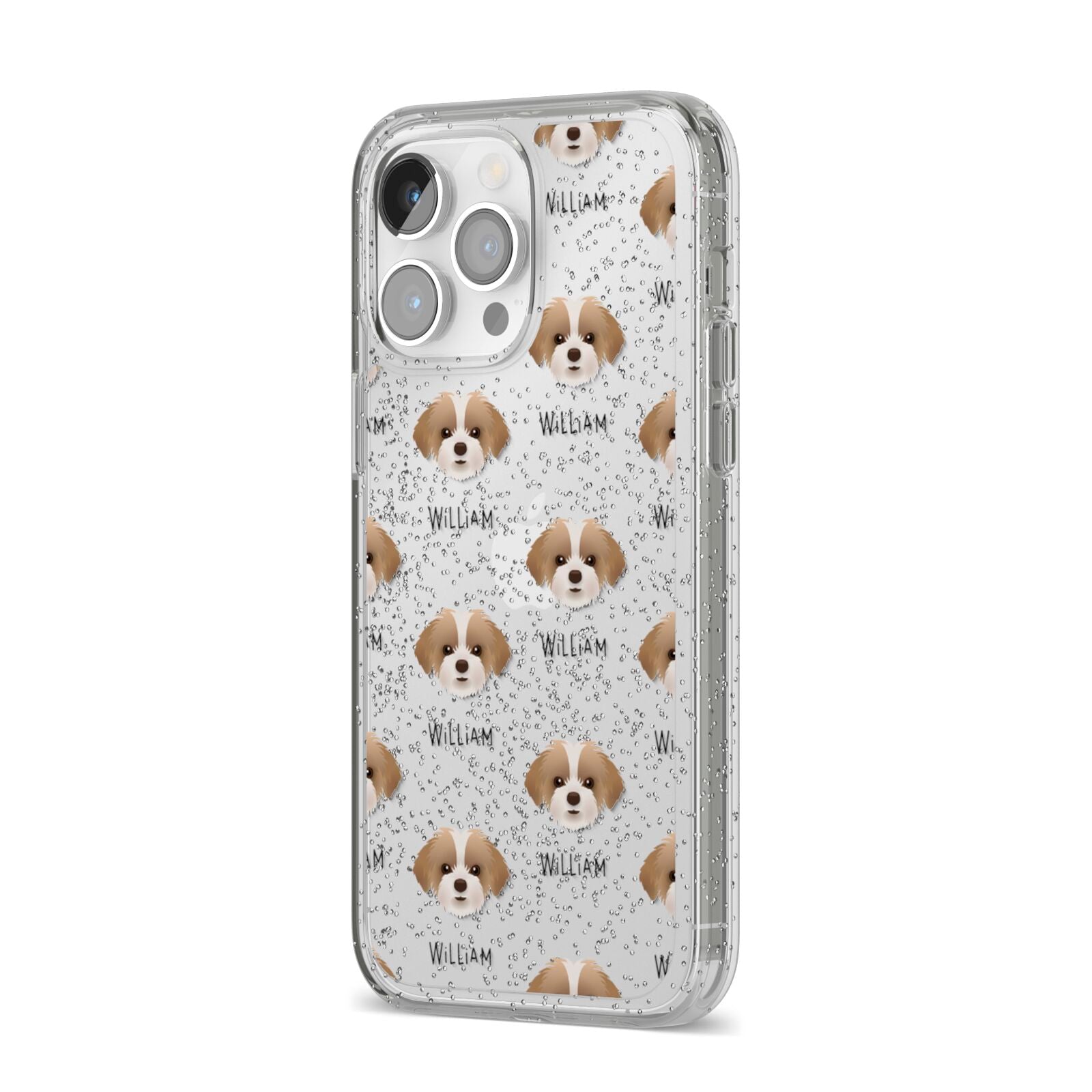 Shorkie Icon with Name iPhone 14 Pro Max Glitter Tough Case Silver Angled Image