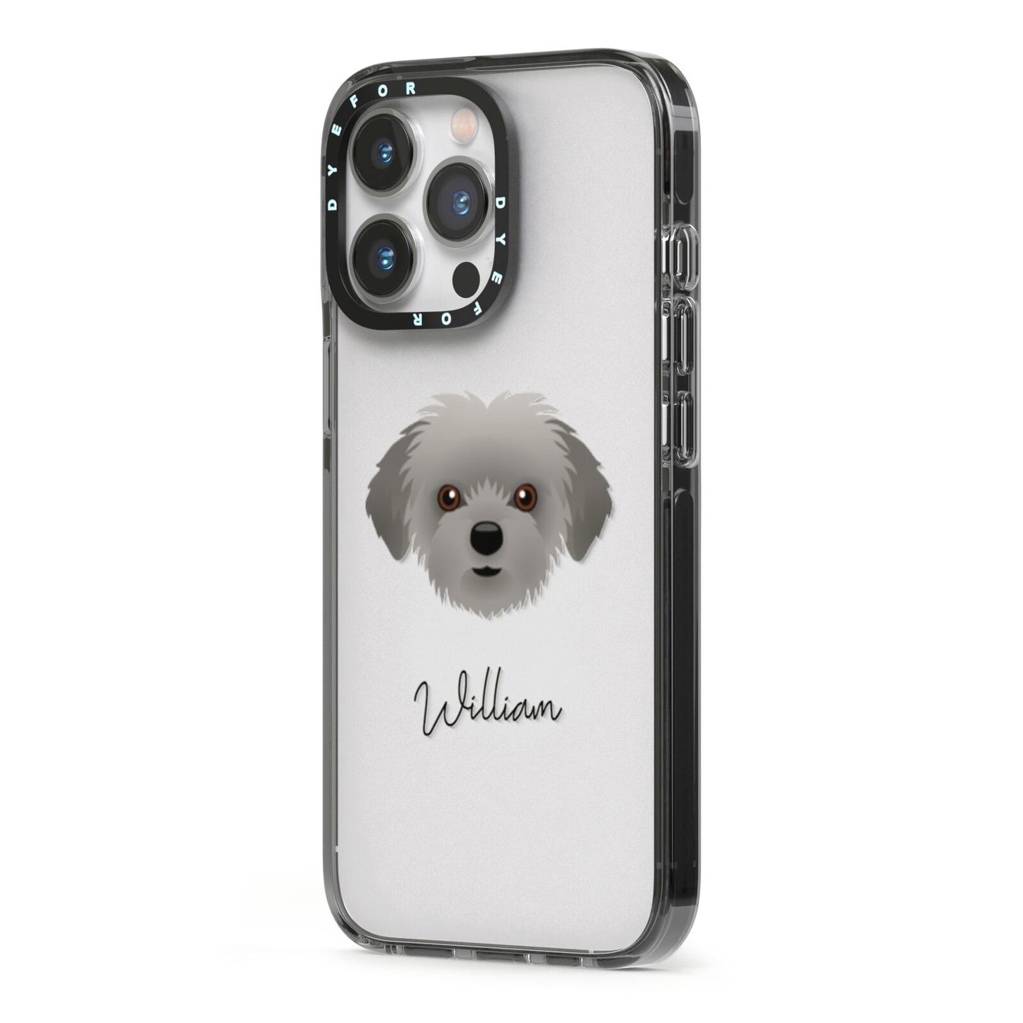 Shorkie Personalised iPhone 13 Pro Black Impact Case Side Angle on Silver phone