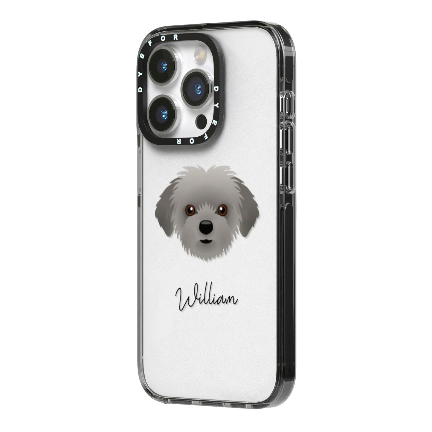 Shorkie Personalised iPhone 14 Pro Black Impact Case Side Angle on Silver phone