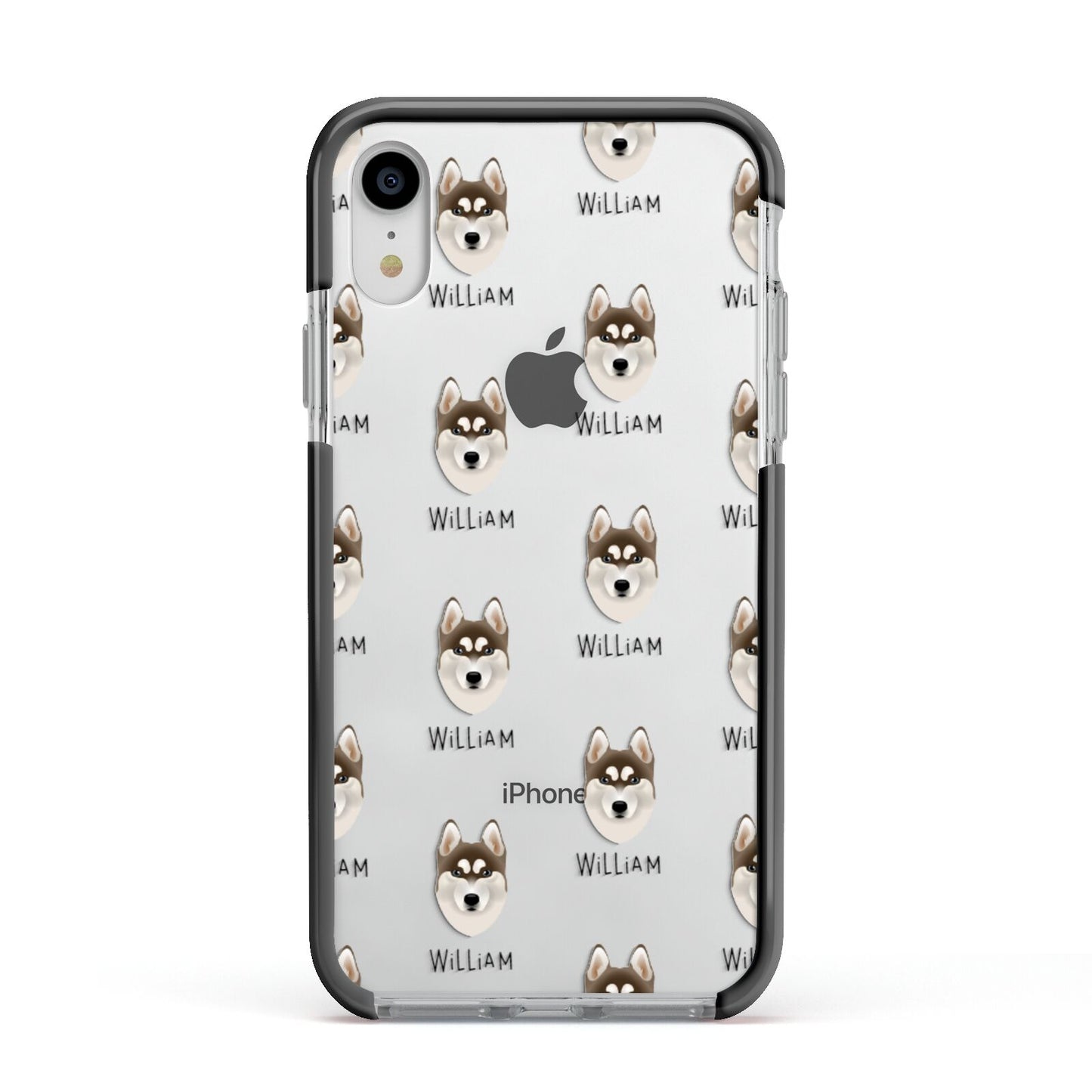 Siberian Husky Icon with Name Apple iPhone XR Impact Case Black Edge on Silver Phone