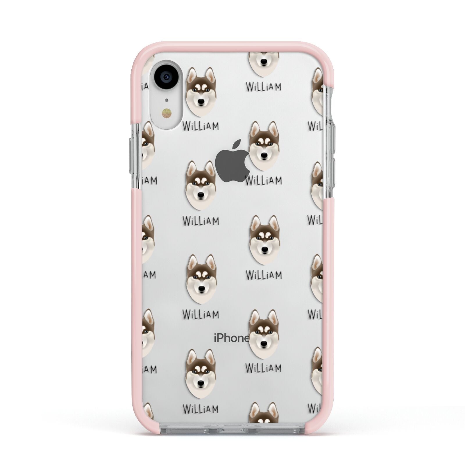 Siberian Husky Icon with Name Apple iPhone XR Impact Case Pink Edge on Silver Phone