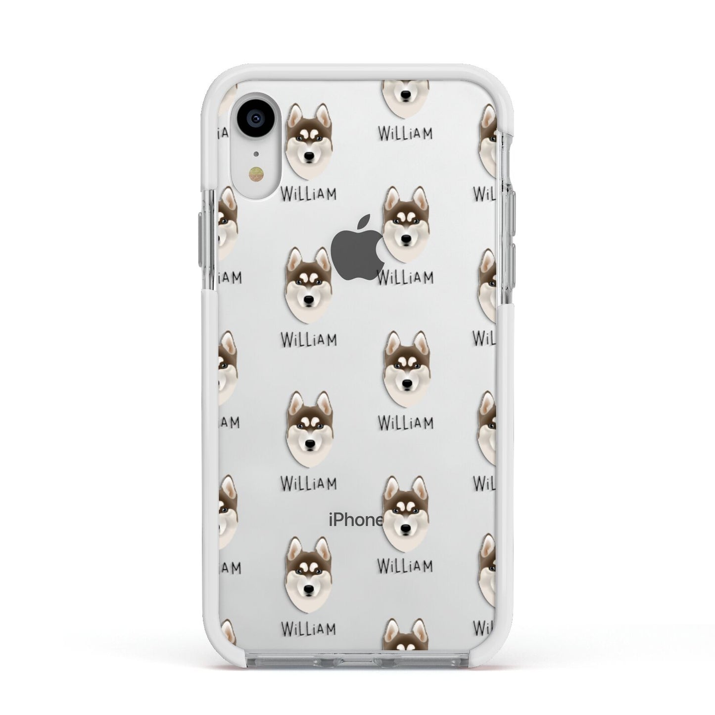 Siberian Husky Icon with Name Apple iPhone XR Impact Case White Edge on Silver Phone