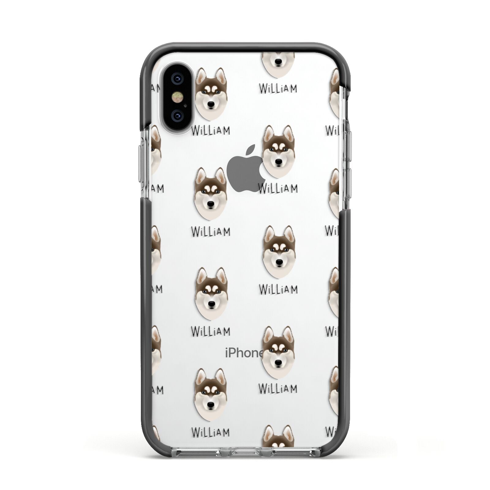 Siberian Husky Icon with Name Apple iPhone Xs Impact Case Black Edge on Silver Phone