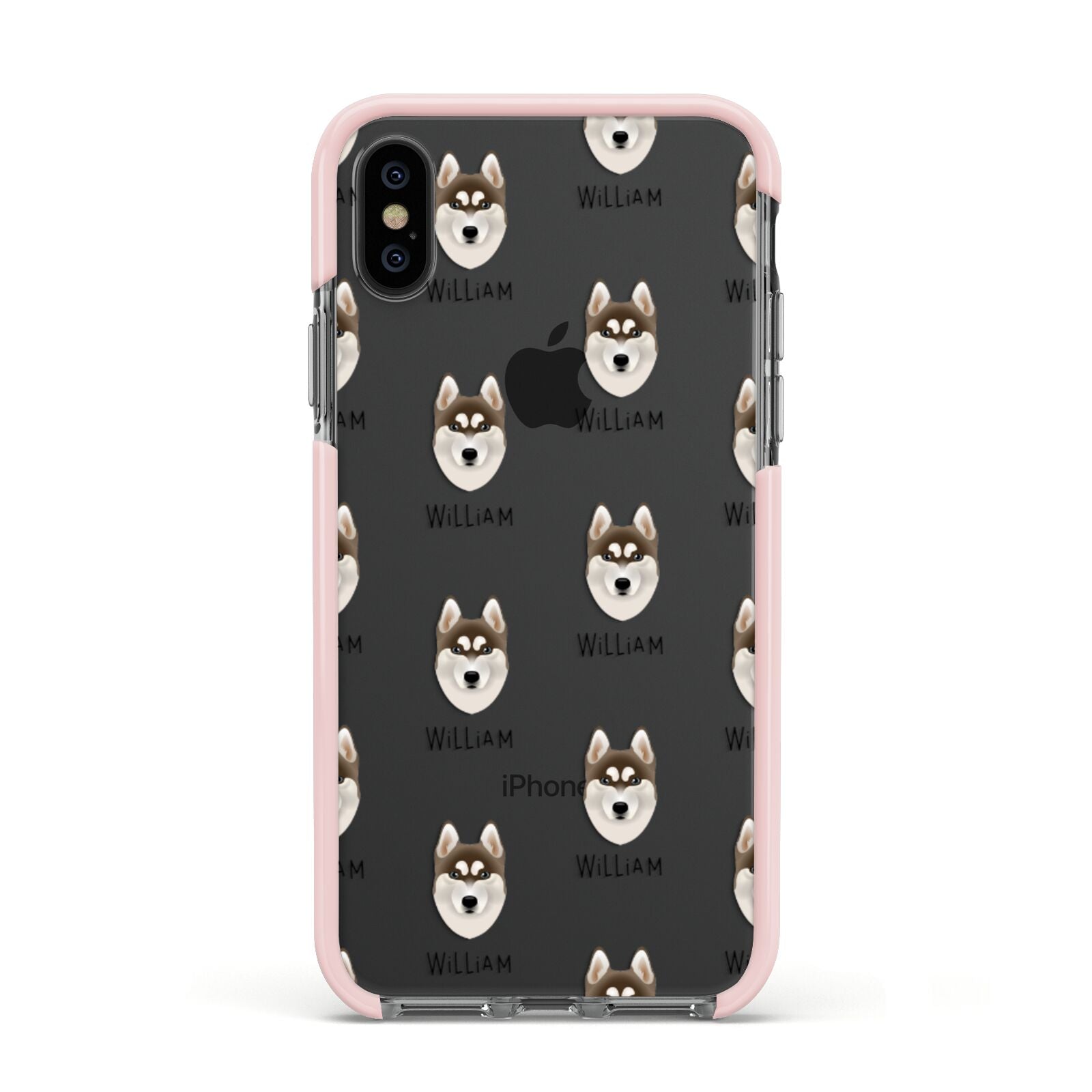 Siberian Husky Icon with Name Apple iPhone Xs Impact Case Pink Edge on Black Phone