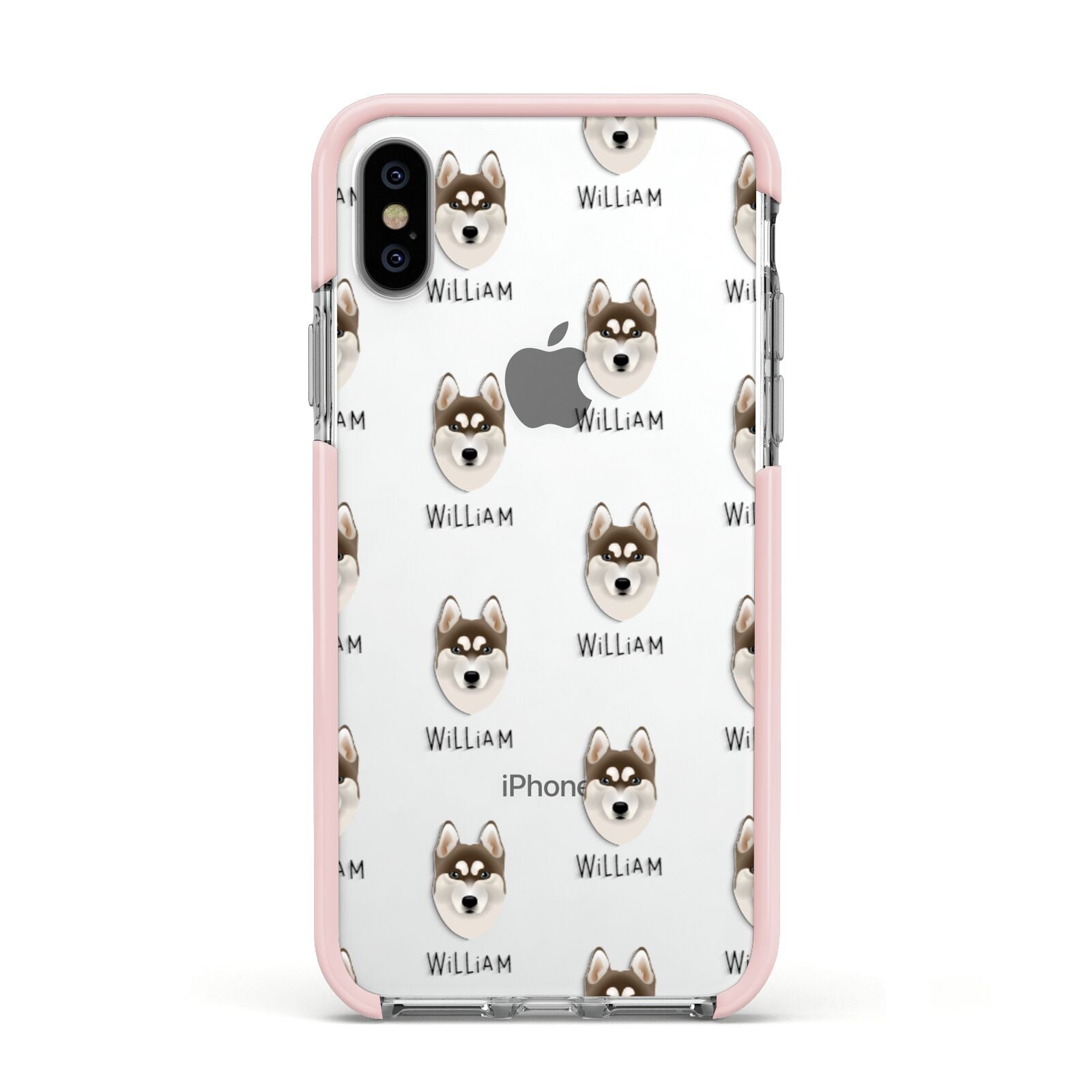 Siberian Husky Icon with Name Apple iPhone Xs Impact Case Pink Edge on Silver Phone