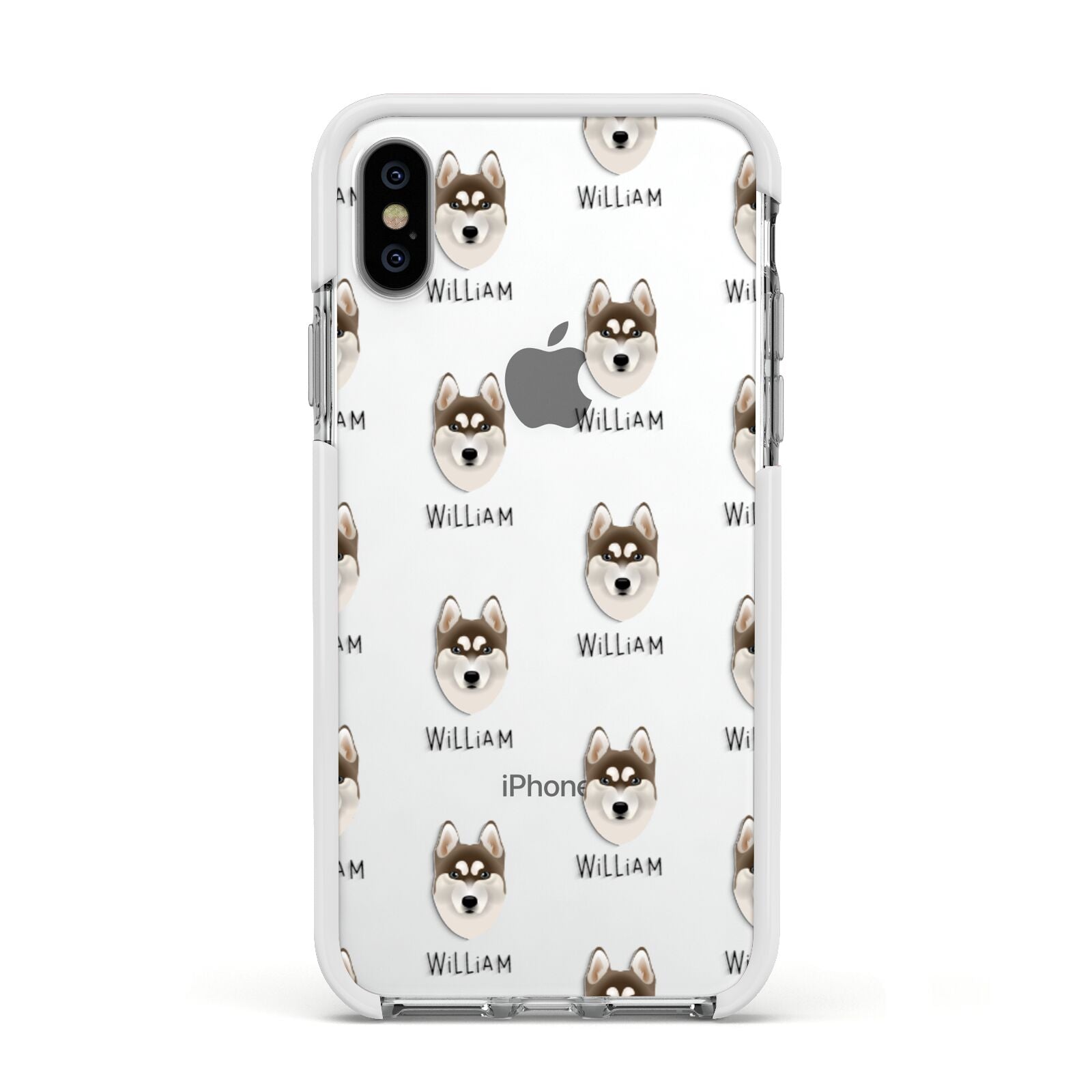 Siberian Husky Icon with Name Apple iPhone Xs Impact Case White Edge on Silver Phone